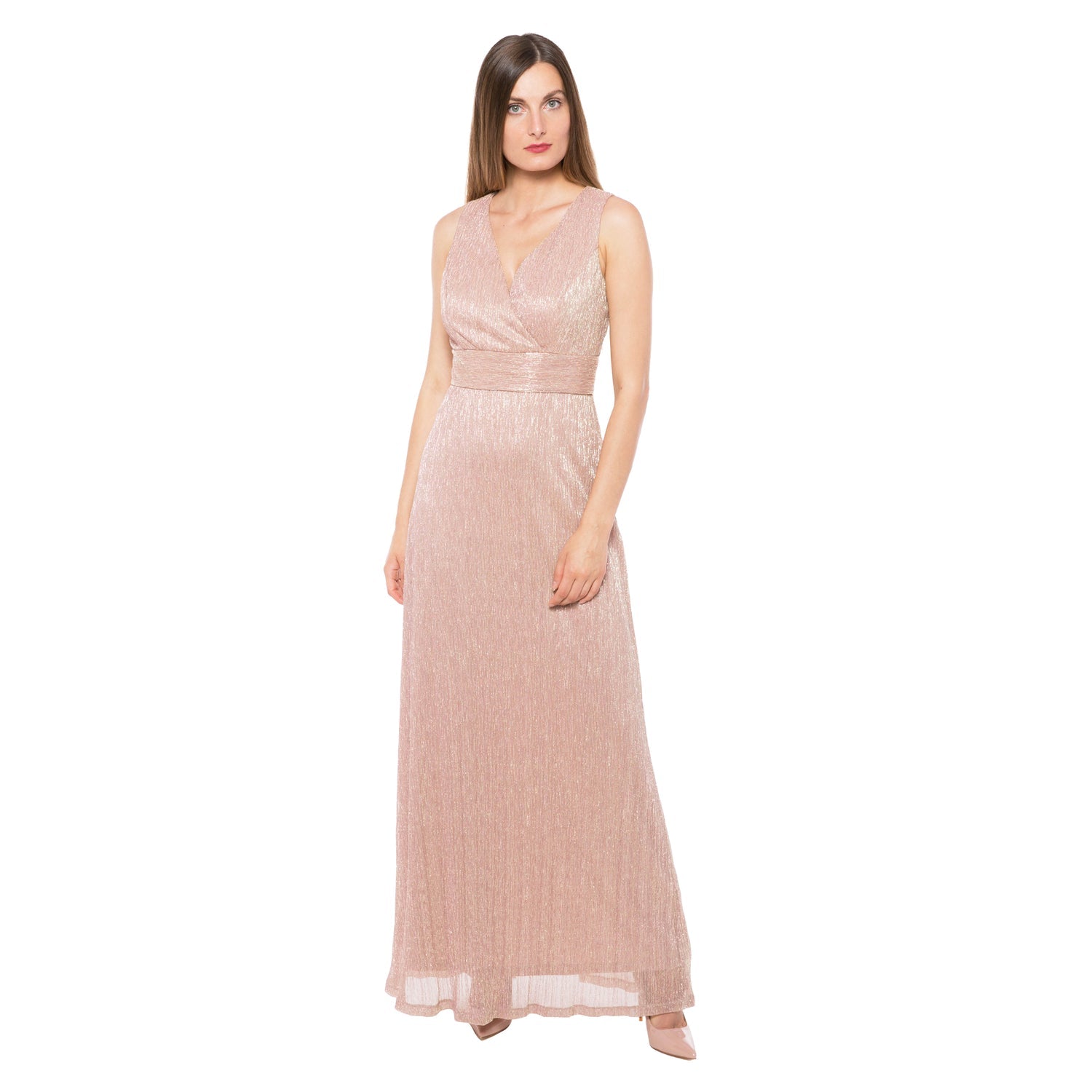 Marina  Long Pleated Metallic Waist Shirring Dress