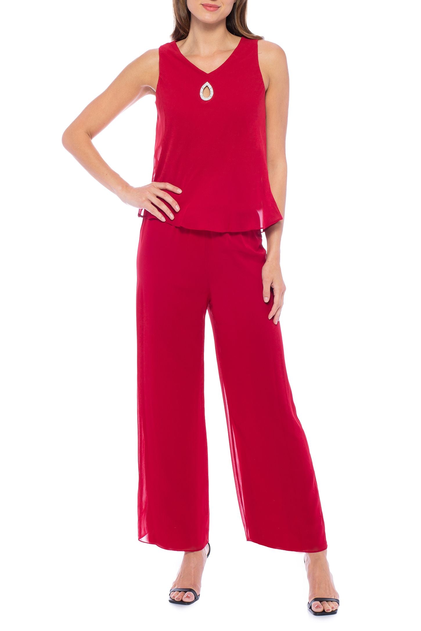 Marina  Embellished V Neck Sleeveless Three Piece Pants Set