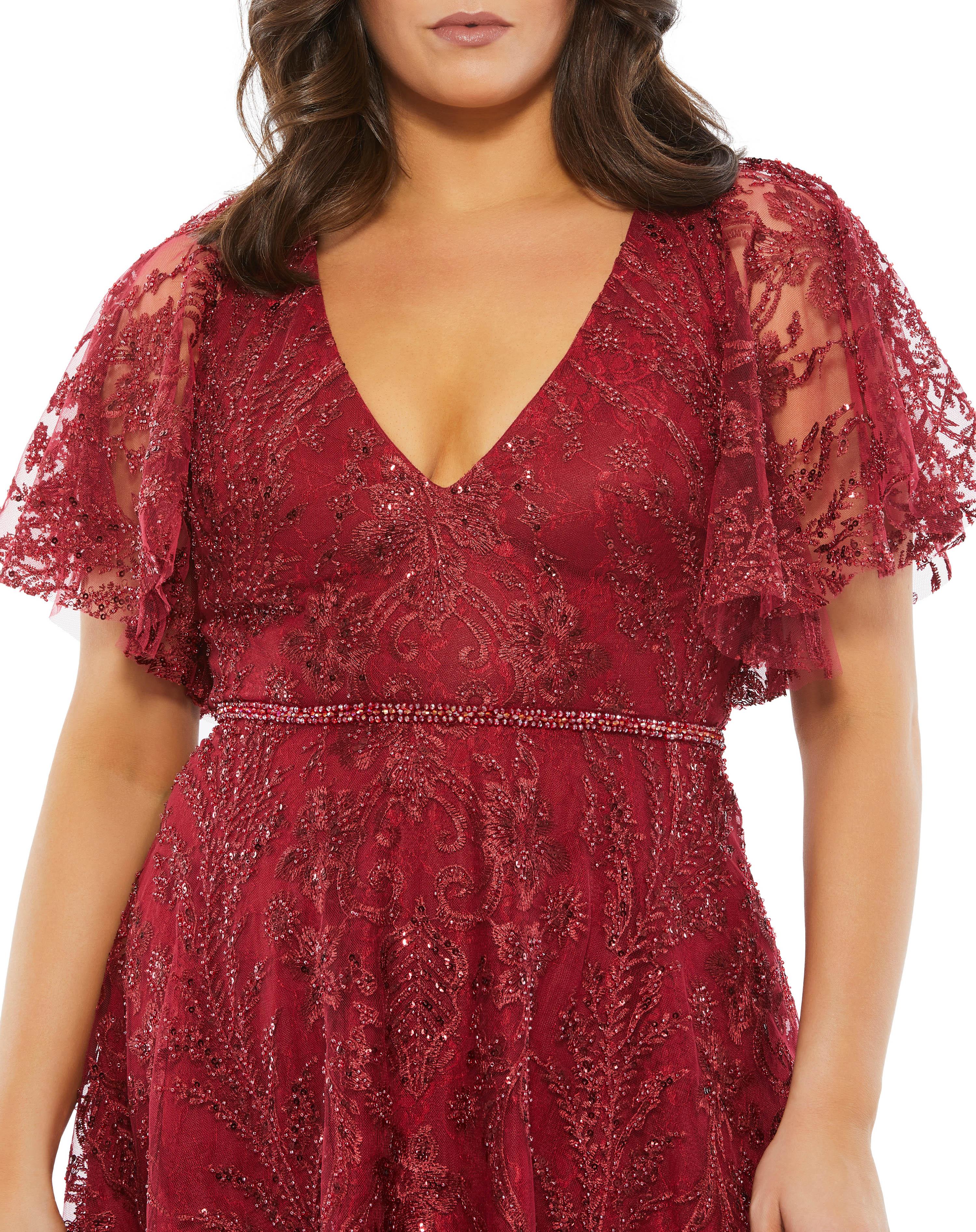 Burgundy Mac Duggal 67904 Fabulouss Short Plus Size Cocktail Dress