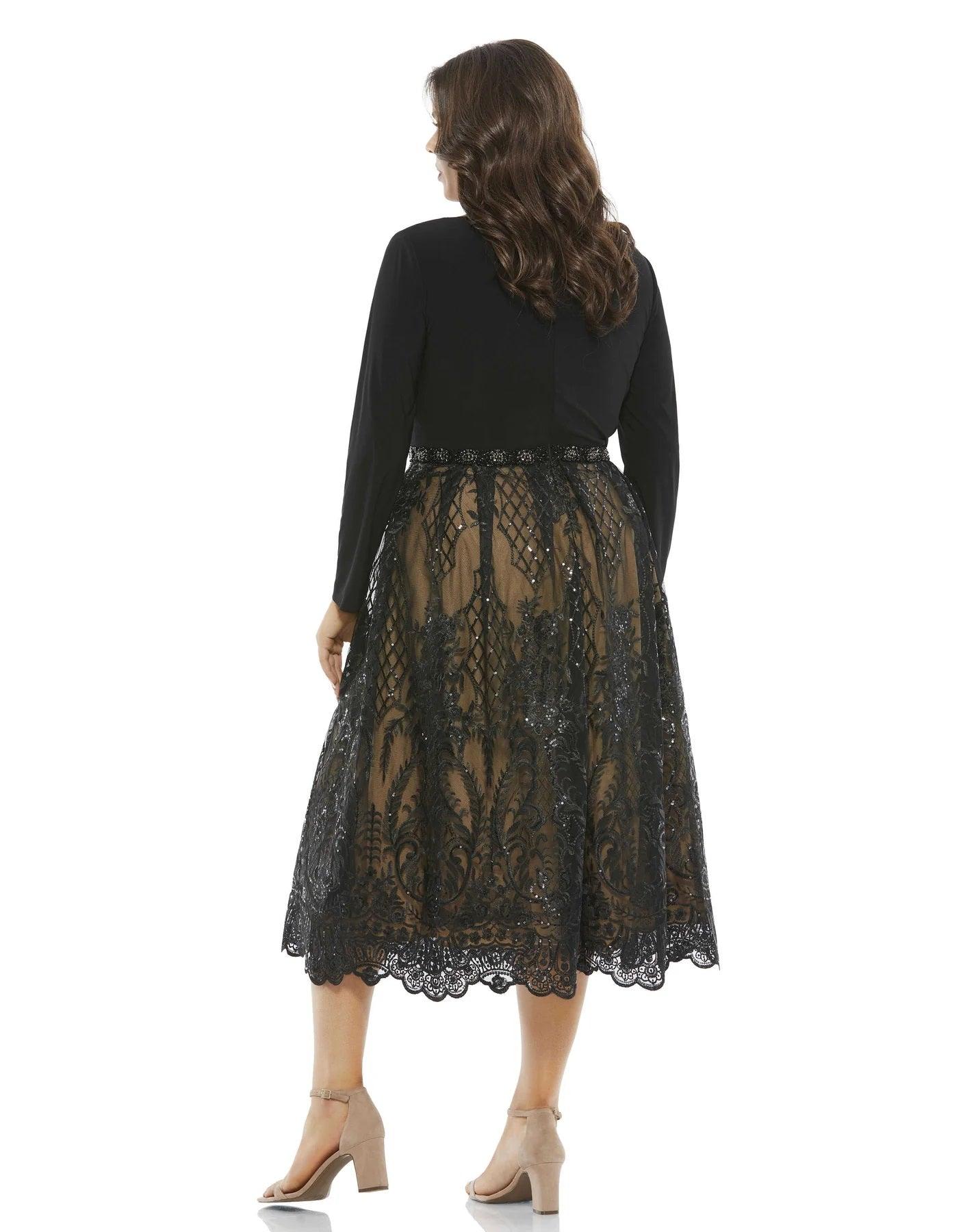 Black Nude Mac Duggal 67905 Plus Size Long Sleeve Midi Dress Sale for $498.0 – The Dress Outlet