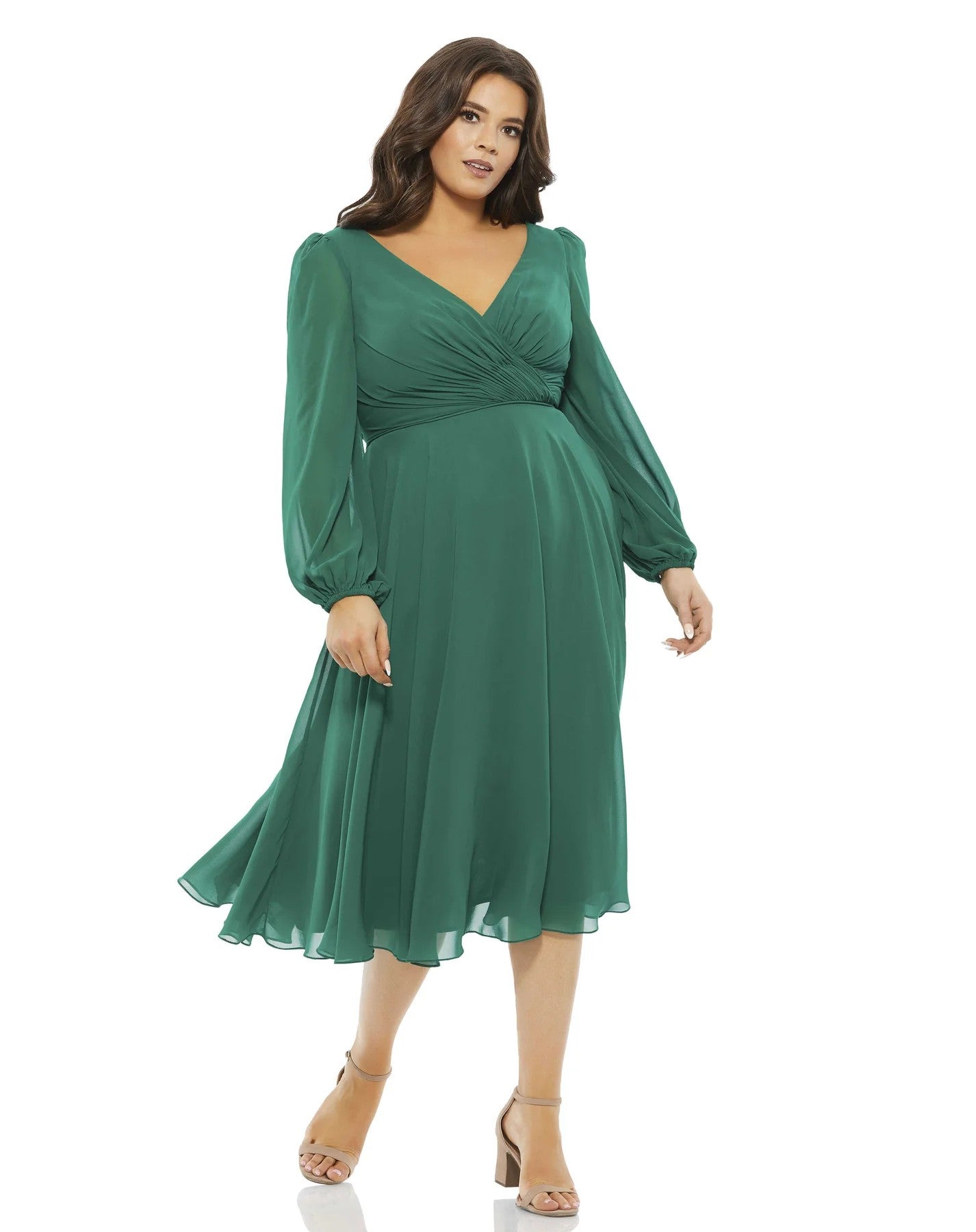 Mac Duggal 67914 Plus Size Chiffon Bishop Sleeve Surplice Midi Dress