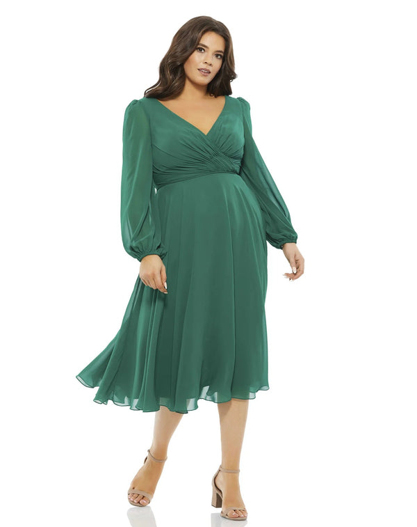Plus Size Chiffon Bishop Sleeve Surplice Midi Dress Bishop Sleeve Surplice Mac Duggal 67914