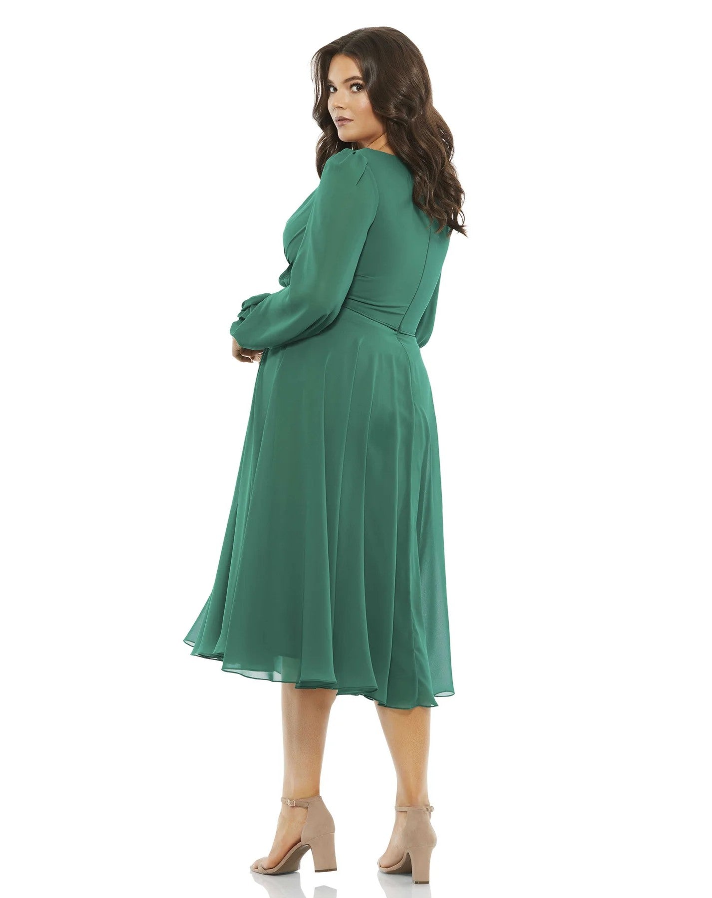 Mac Duggal 67914 Plus Size Chiffon Bishop Sleeve Surplice Midi Dress