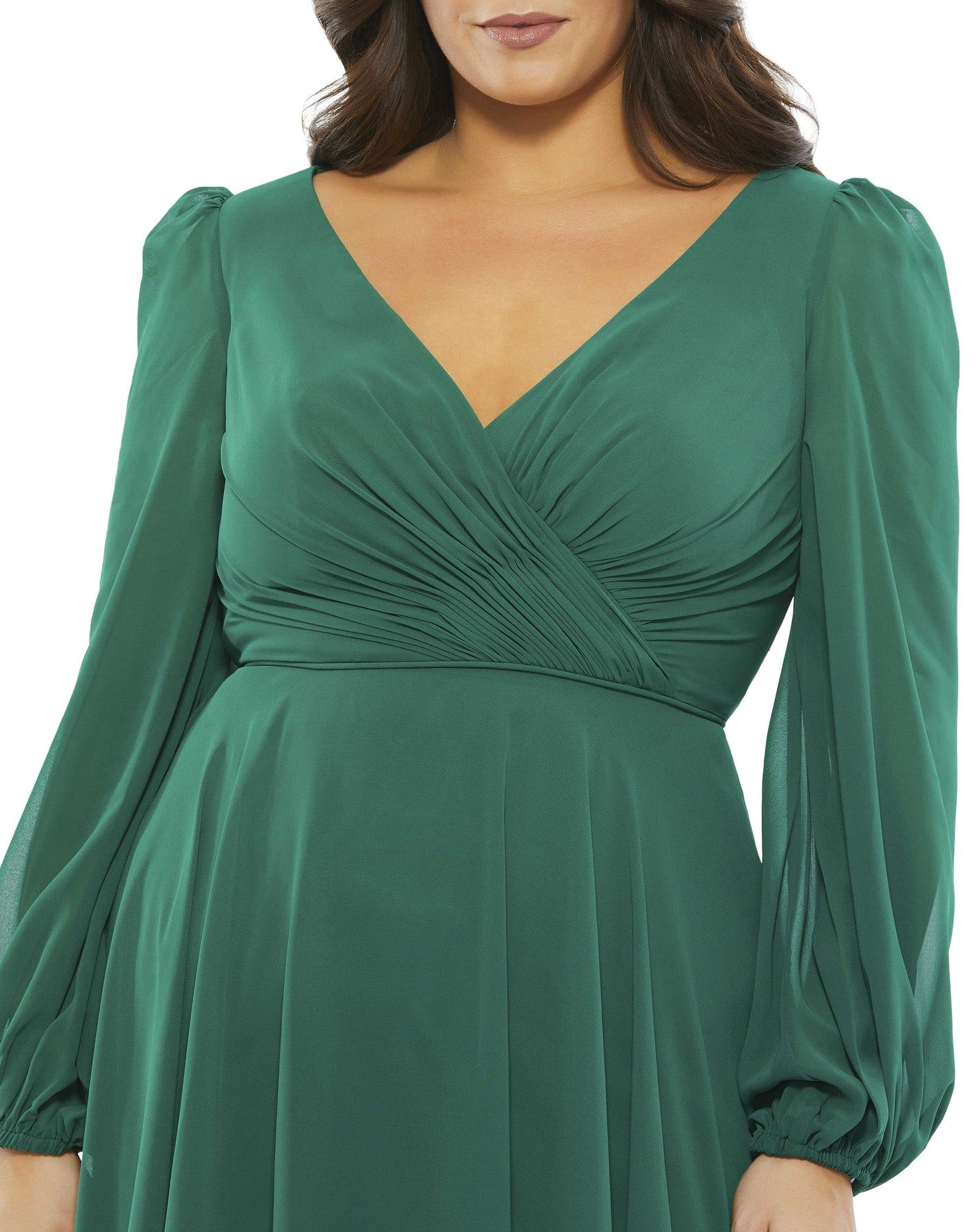 Mac Duggal 67914 Plus Size Chiffon Bishop Sleeve Surplice Midi Dress