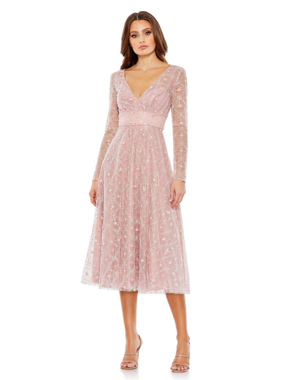 Tea Length Long Sleeve A Line Cocktail Dress Long Sleeve A Line Tea Length Mac Duggal 68003