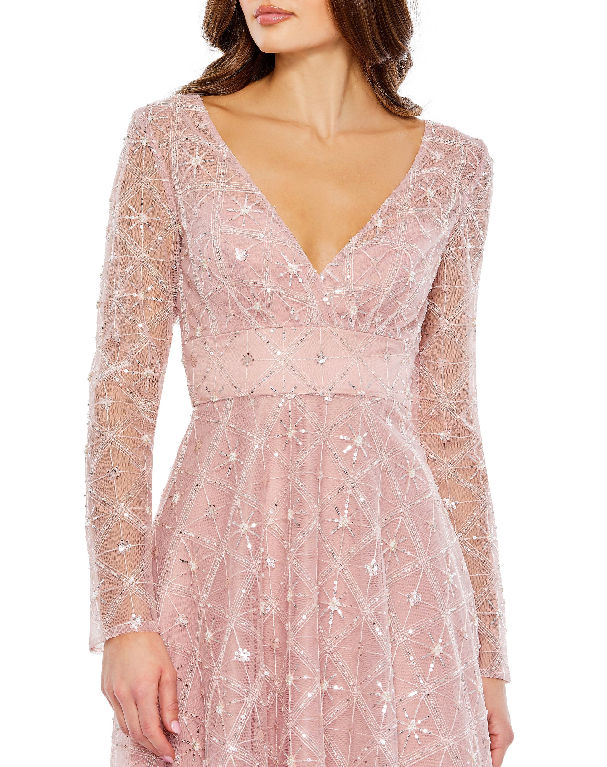 Mac Duggal 68003 Tea Length Long Sleeve A Line Cocktail Dress
