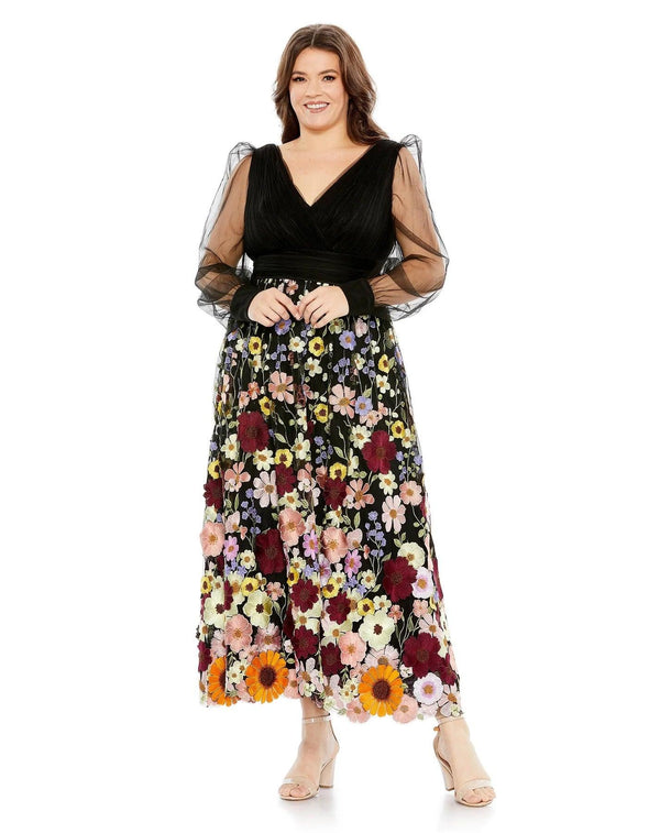 Fabulouss Plus Size Floral Tea Length Dress Floral Detail & Tea Length Mac Duggal 68205