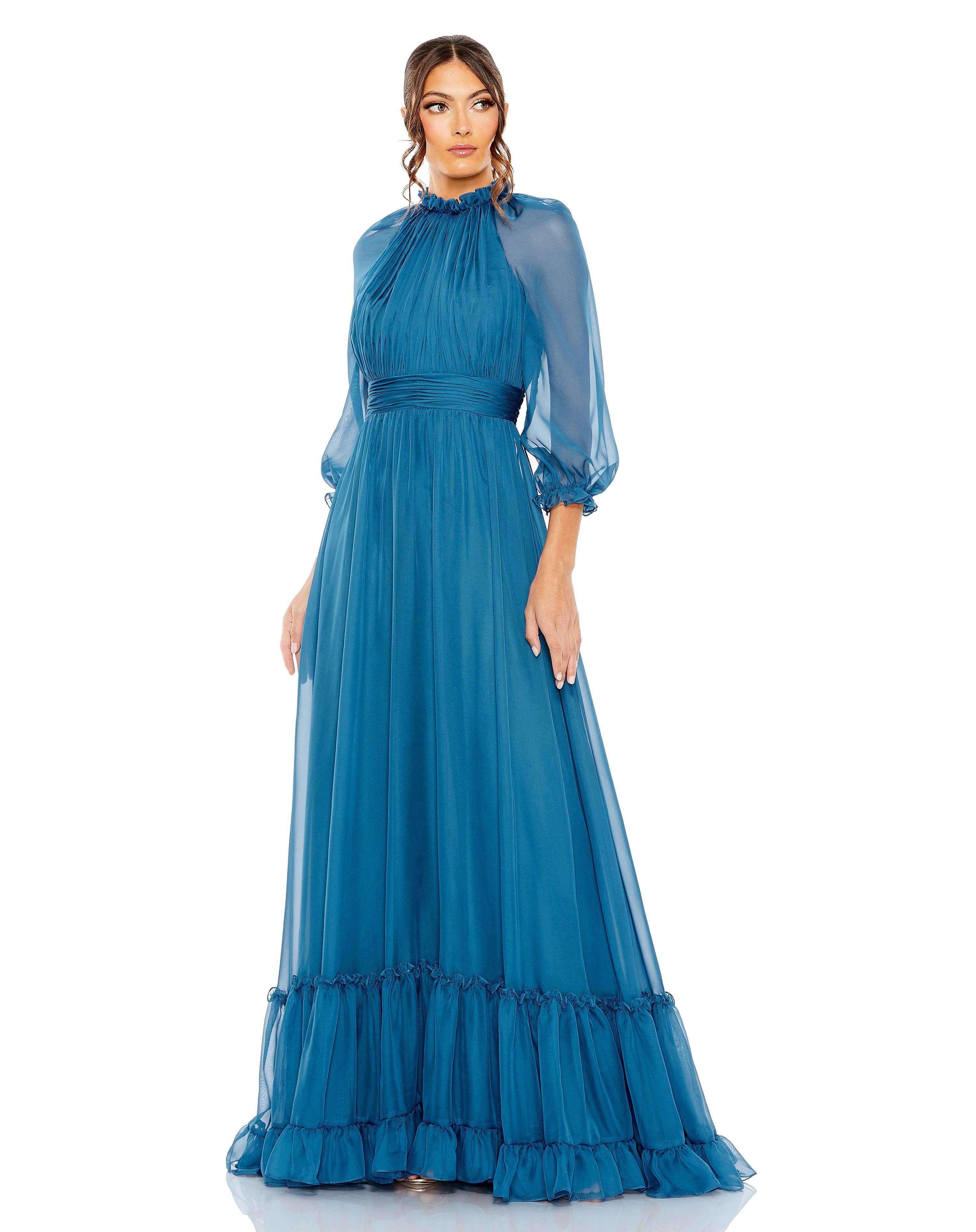 Ocean Blue Mac Duggal 68225 Long Formal 3/4 Sleeve Chiffon Dress