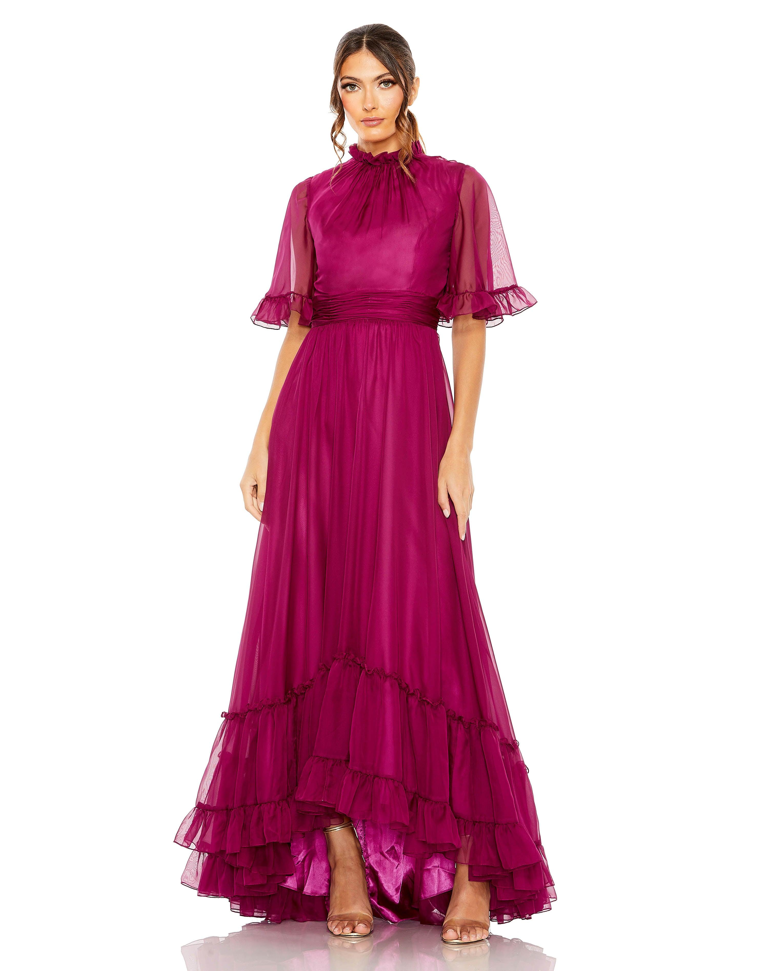 Raspberry Mac Duggal 68229 High Low Short Sleeve Formal Dress for $498. ...