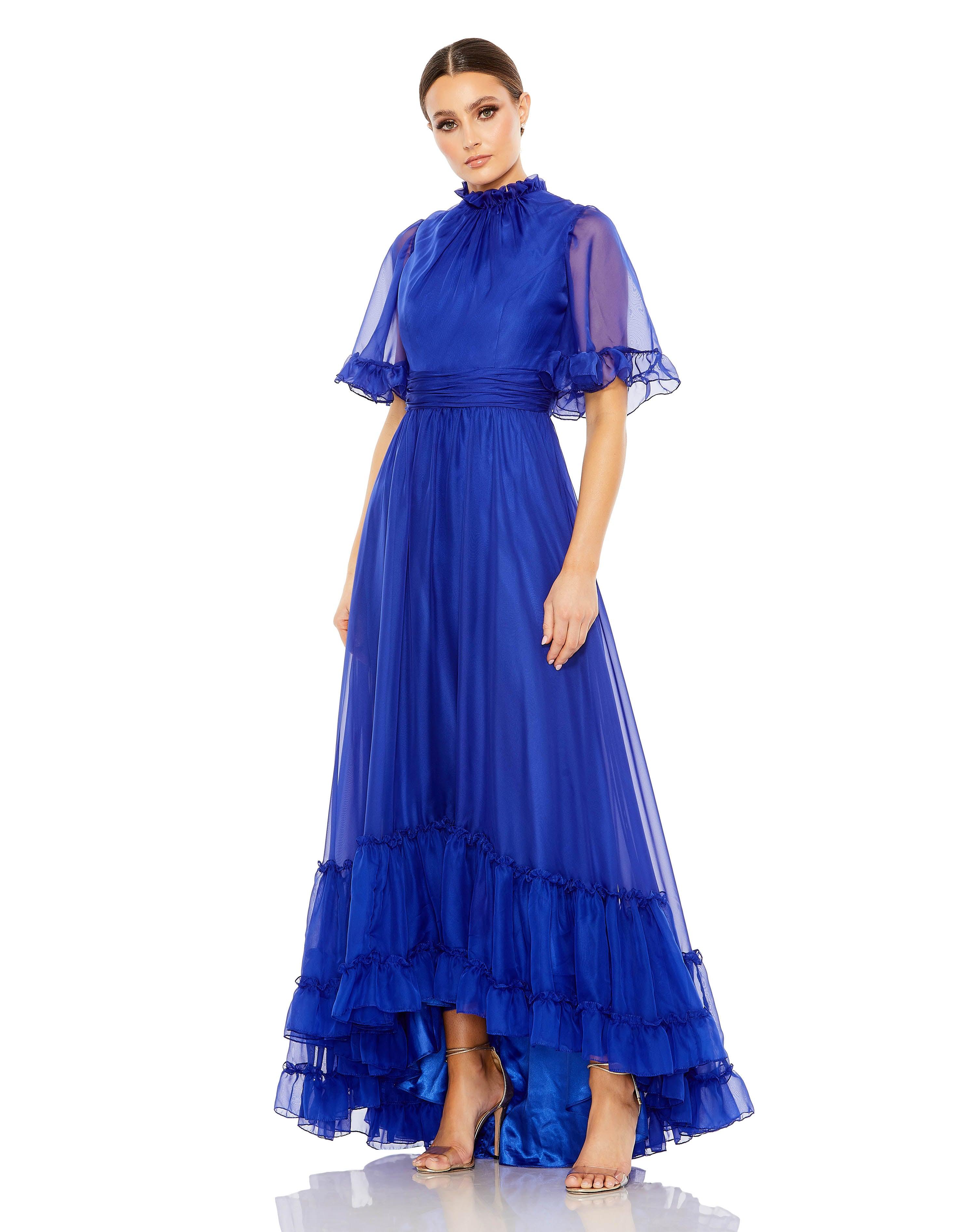 Mac Duggal Ruffled High-Neck Flutter-Sleeve High-Low Gown, Size 6, Sapphire Mac Duggal Ruffled High-Neck Flutter-Sleeve High-Low Gown, Size 6, Sapphire
