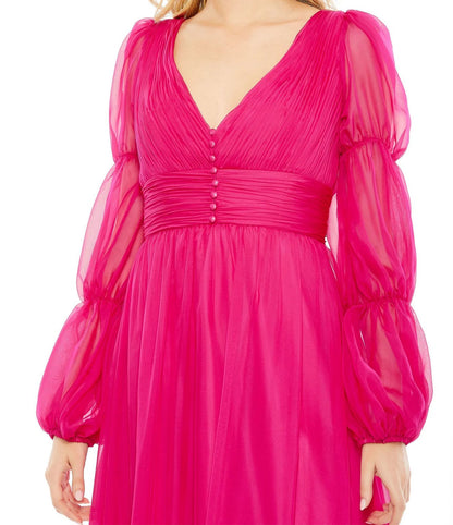 Formal Dresses Long Chiffon Ruched Tiered Puff Sleeve A Line Dress Hot Pink