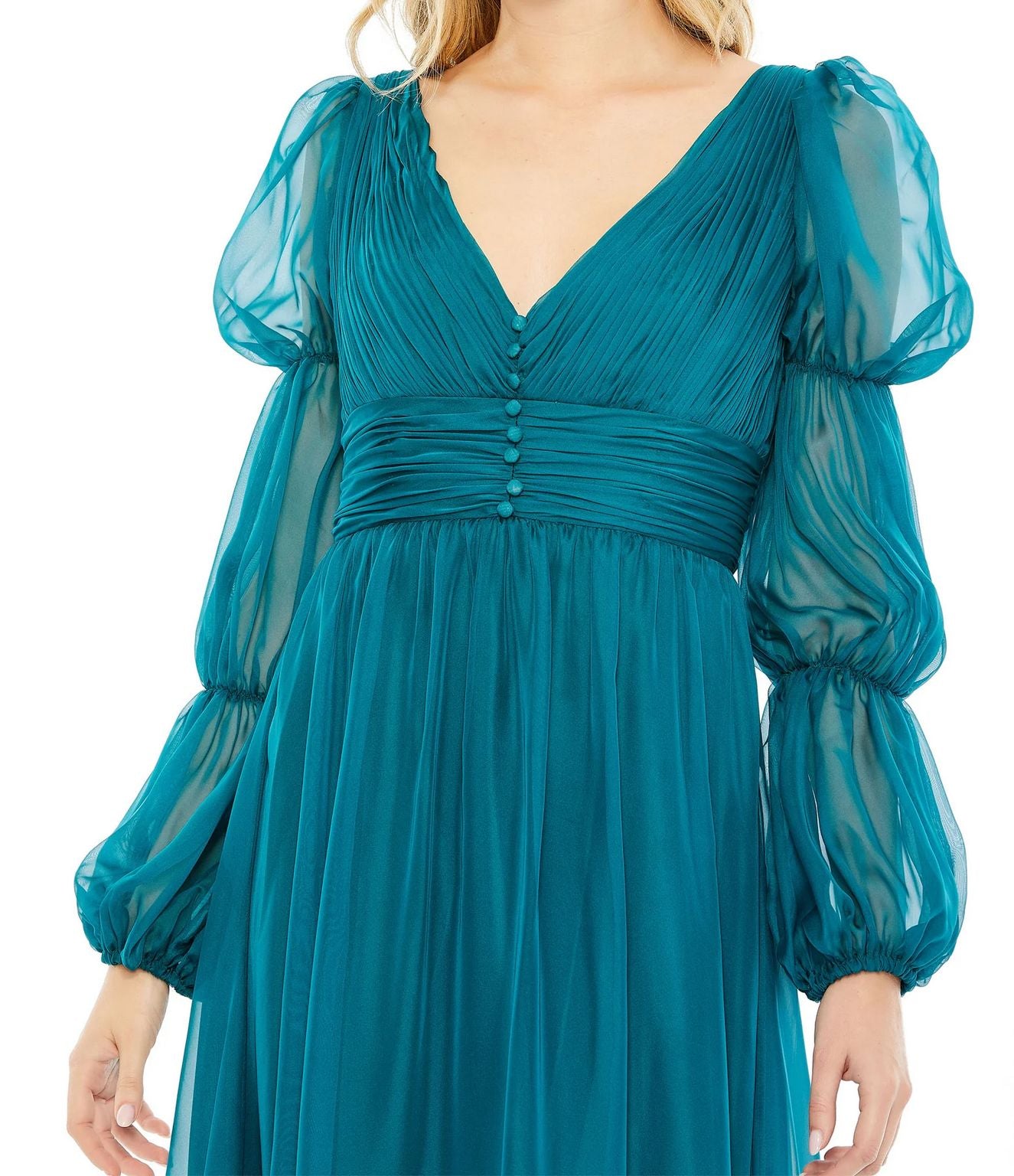 Mac Duggal 68254 Long Chiffon Ruched Tiered Puff Sleeve A Line Dress