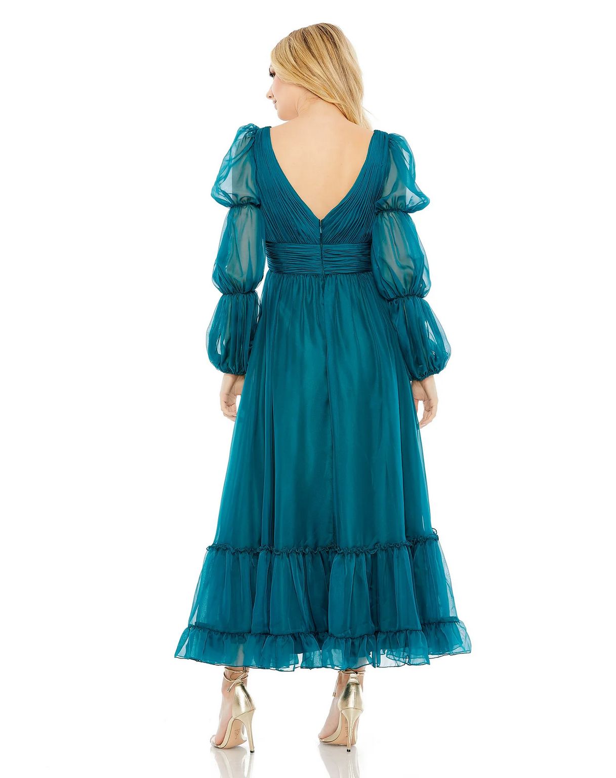 Formal Dresses Long Chiffon Ruched Tiered Puff Sleeve A Line Dress Teal