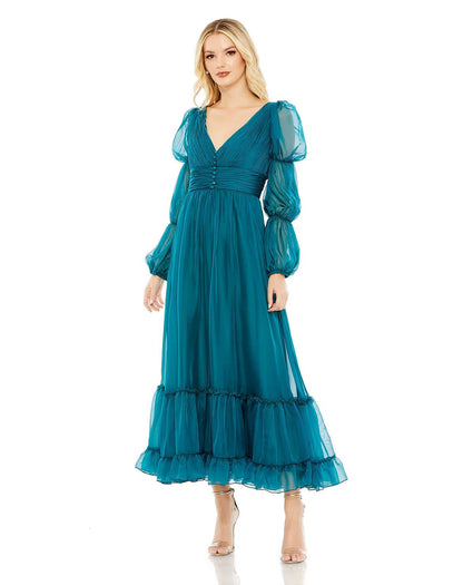 Formal Dresses Long Chiffon Ruched Tiered Puff Sleeve A Line Dress Teal