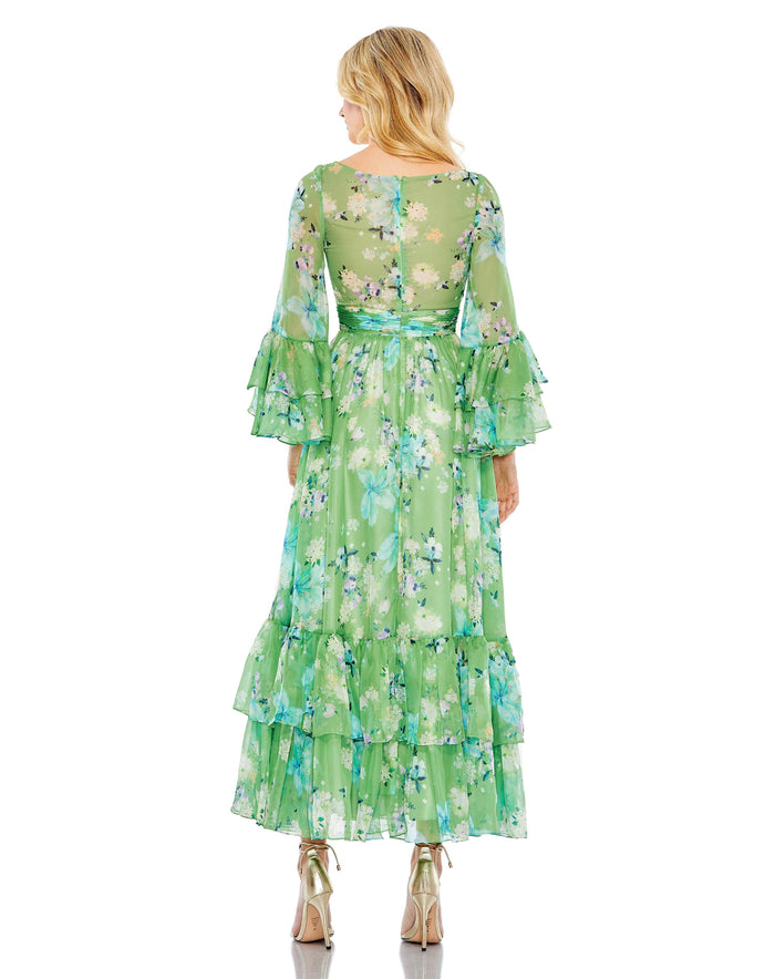 Formal Dresses Long Formal Floral Print Chiffon Dress Green Multi