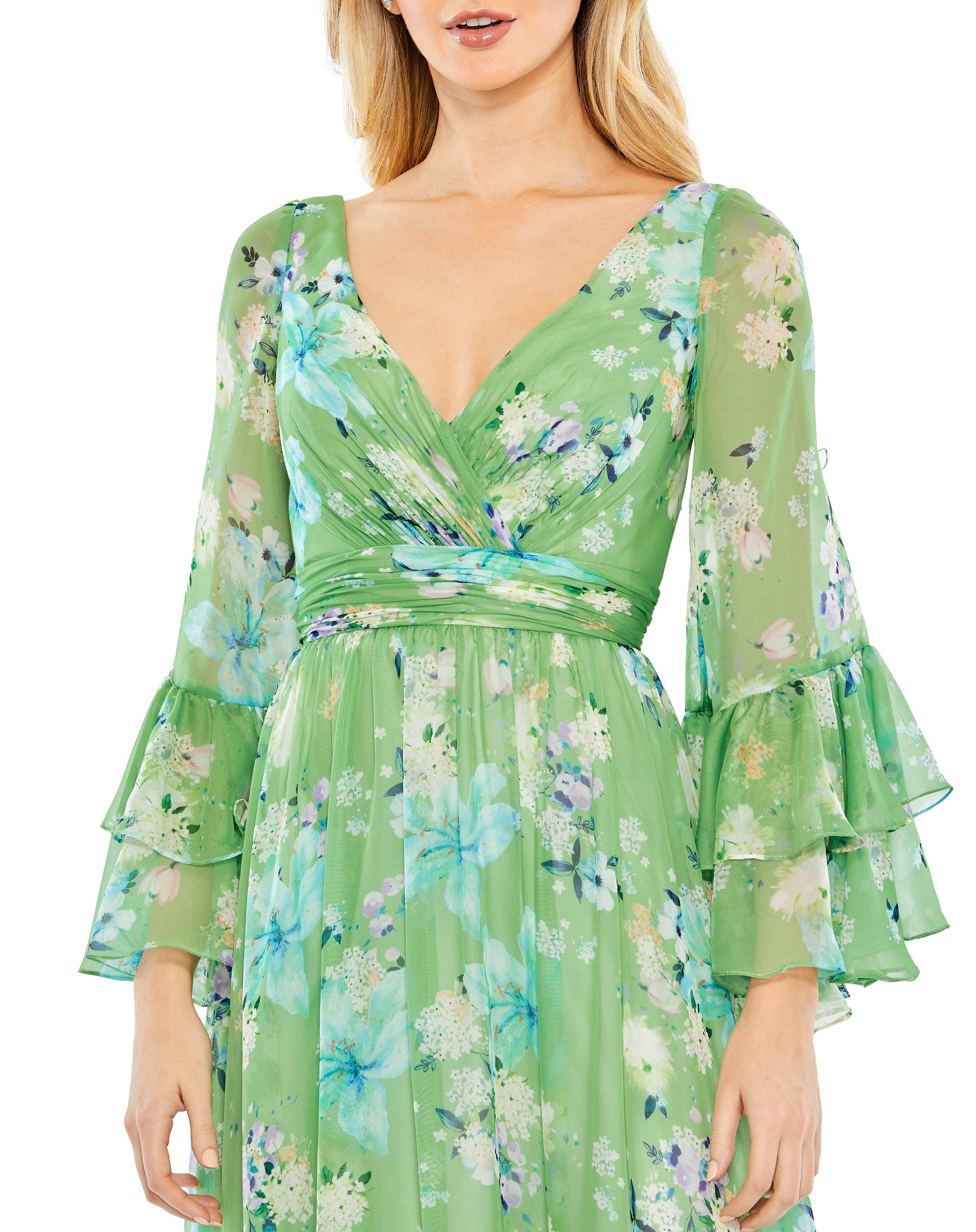 Formal Dresses Long Formal Floral Print Chiffon Dress Green Multi