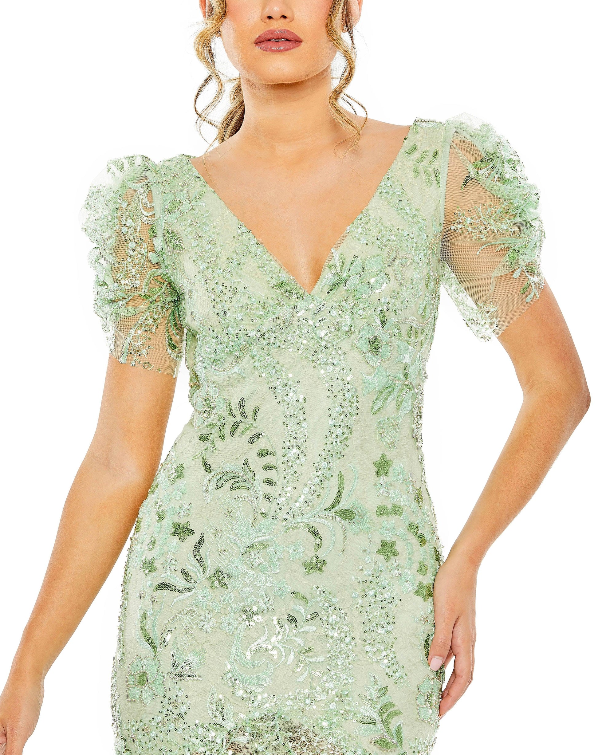 Mac Duggal 68266 Short Sleeve Formal Tea Length Dress