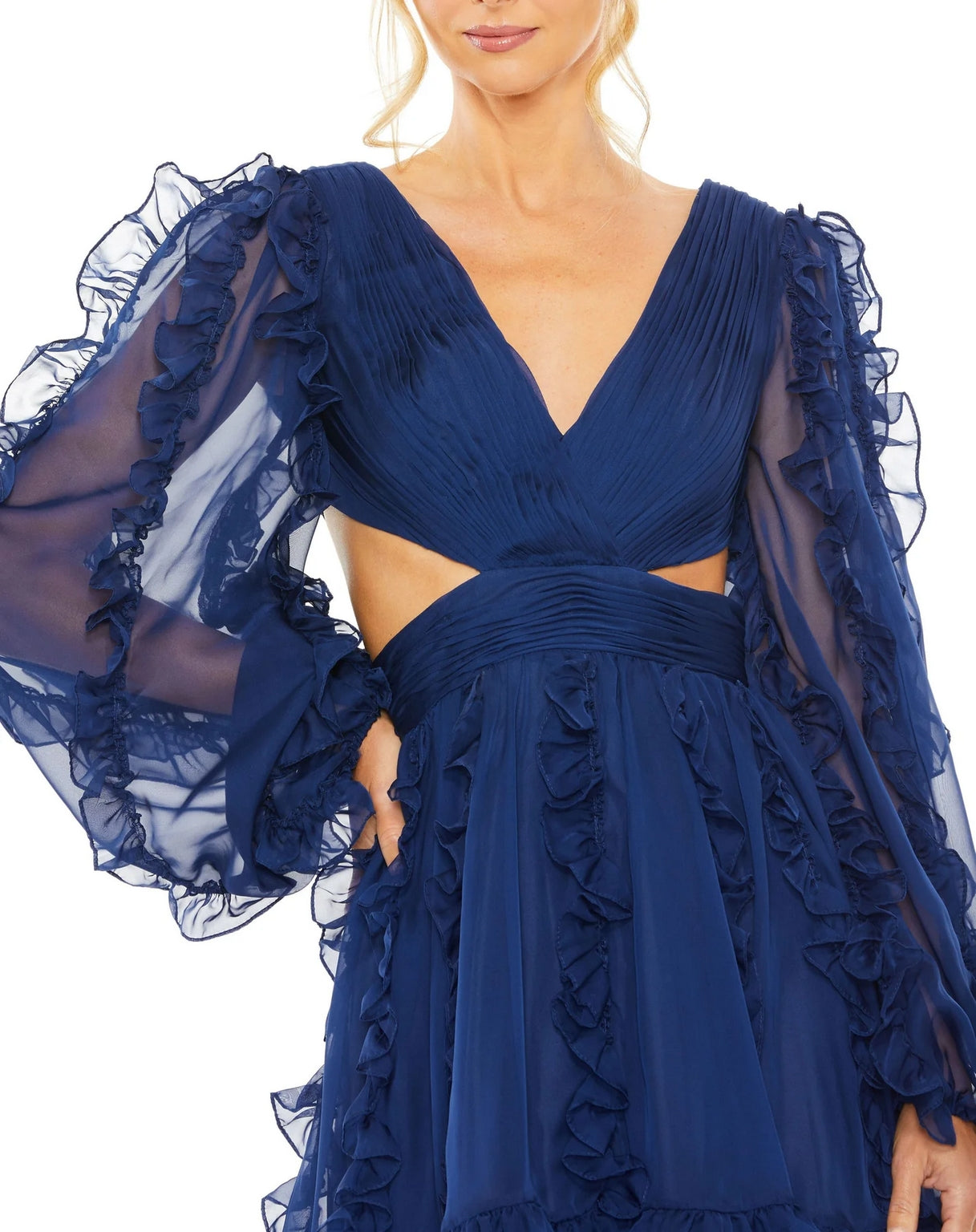 Mac Duggal 68418 V Neck Corset Back Long Puff Sleeve Ruffle Short Dress