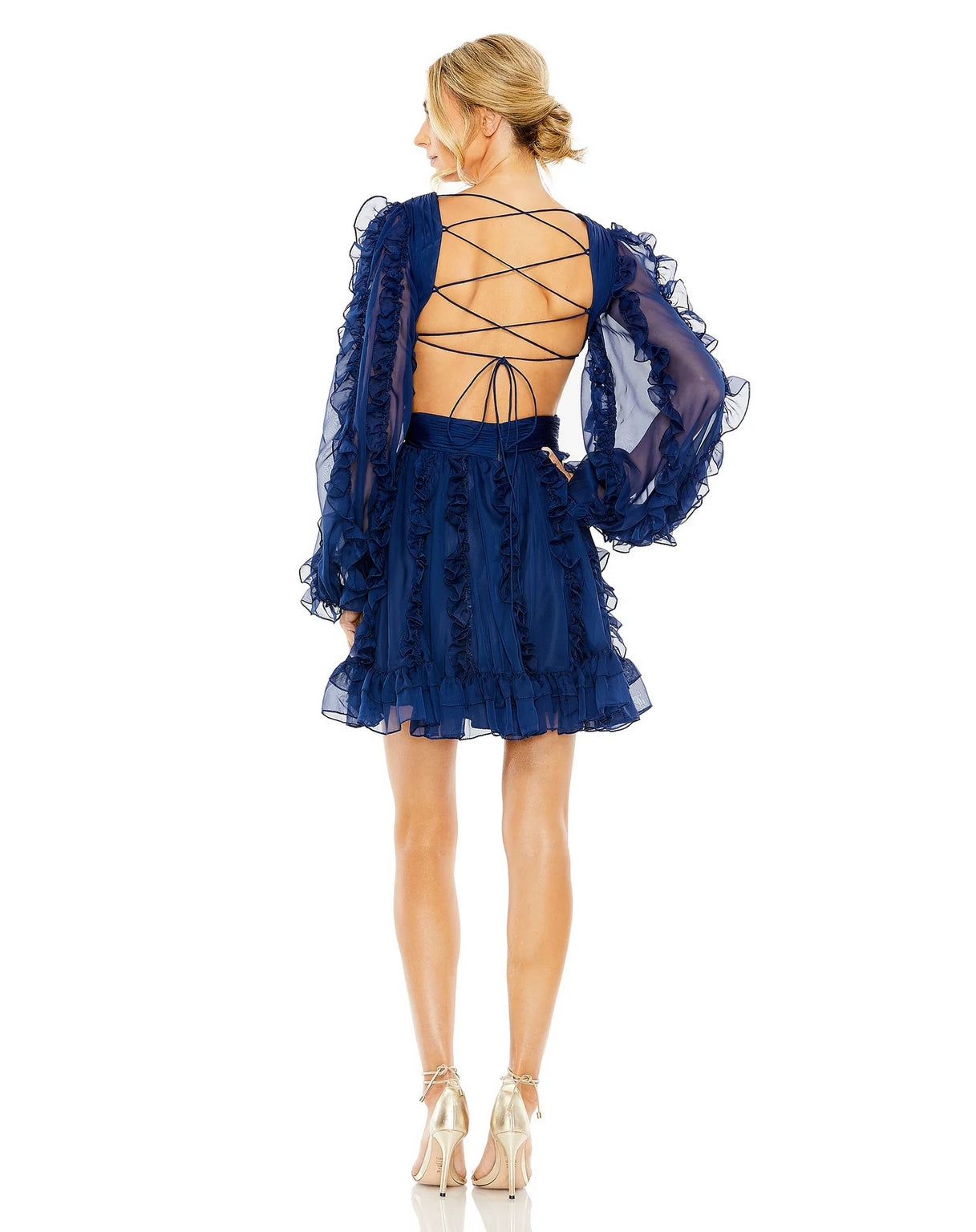 Mac Duggal 68418 V Neck Corset Back Long Puff Sleeve Ruffle Short Dress
