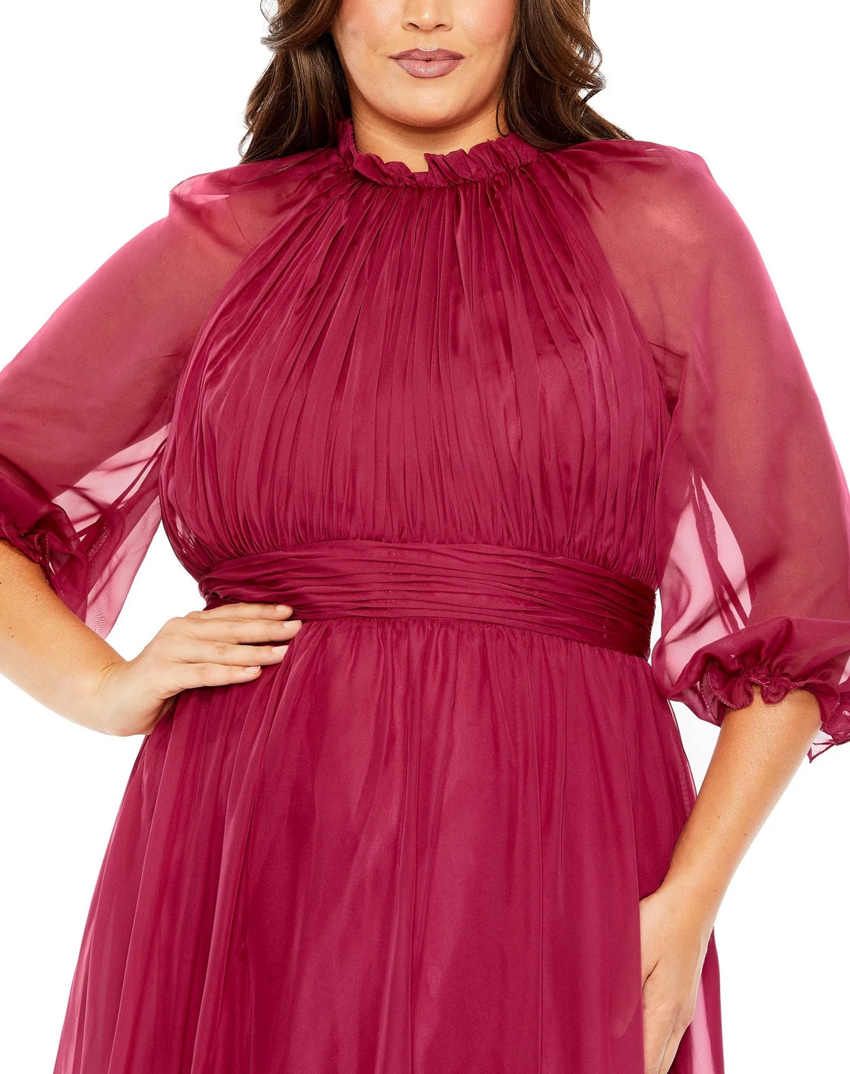 Mac Duggal High Neck Puff Sleeve Tiered A-line Gown - Midnight