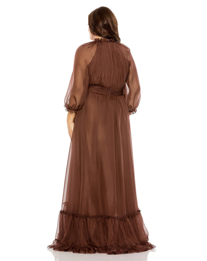 Plus Size Dresses Plus Size Puff Sleeve Tiered A Line Long Dress Chocolate