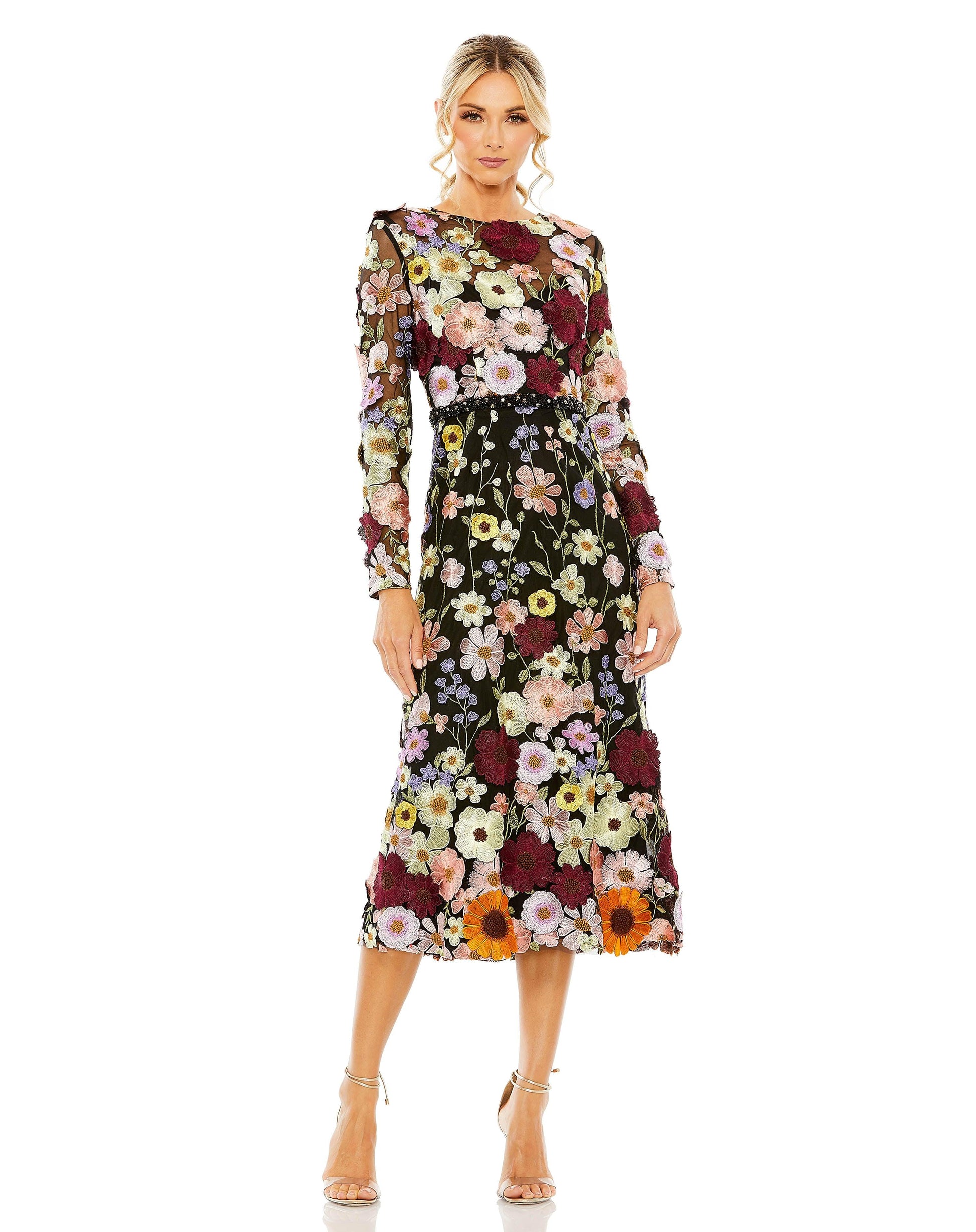Mac Duggal 68462 Long Sleeve Floral Tea Length Dress