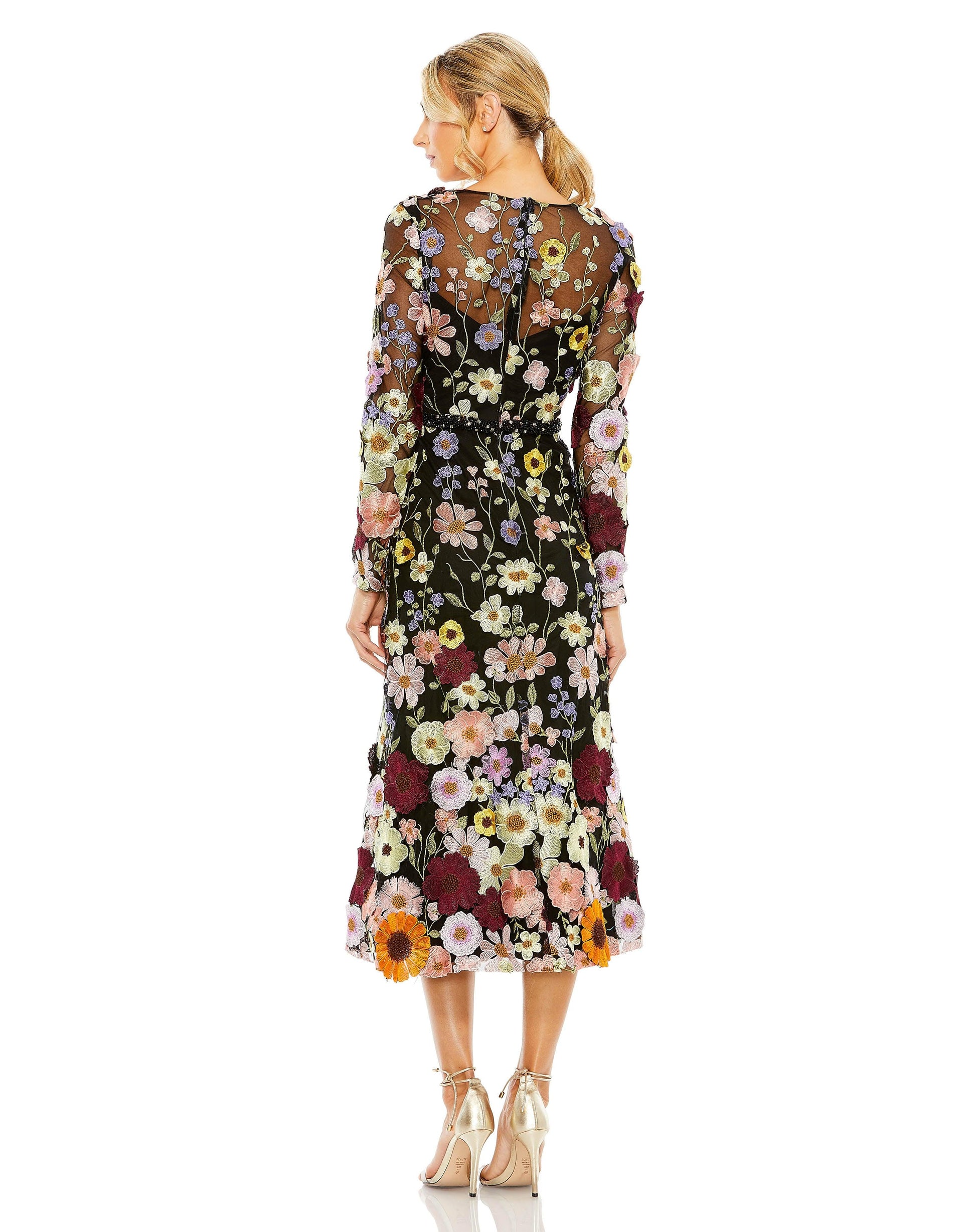 Mac Duggal 68462 Long Sleeve Floral Tea Length Dress