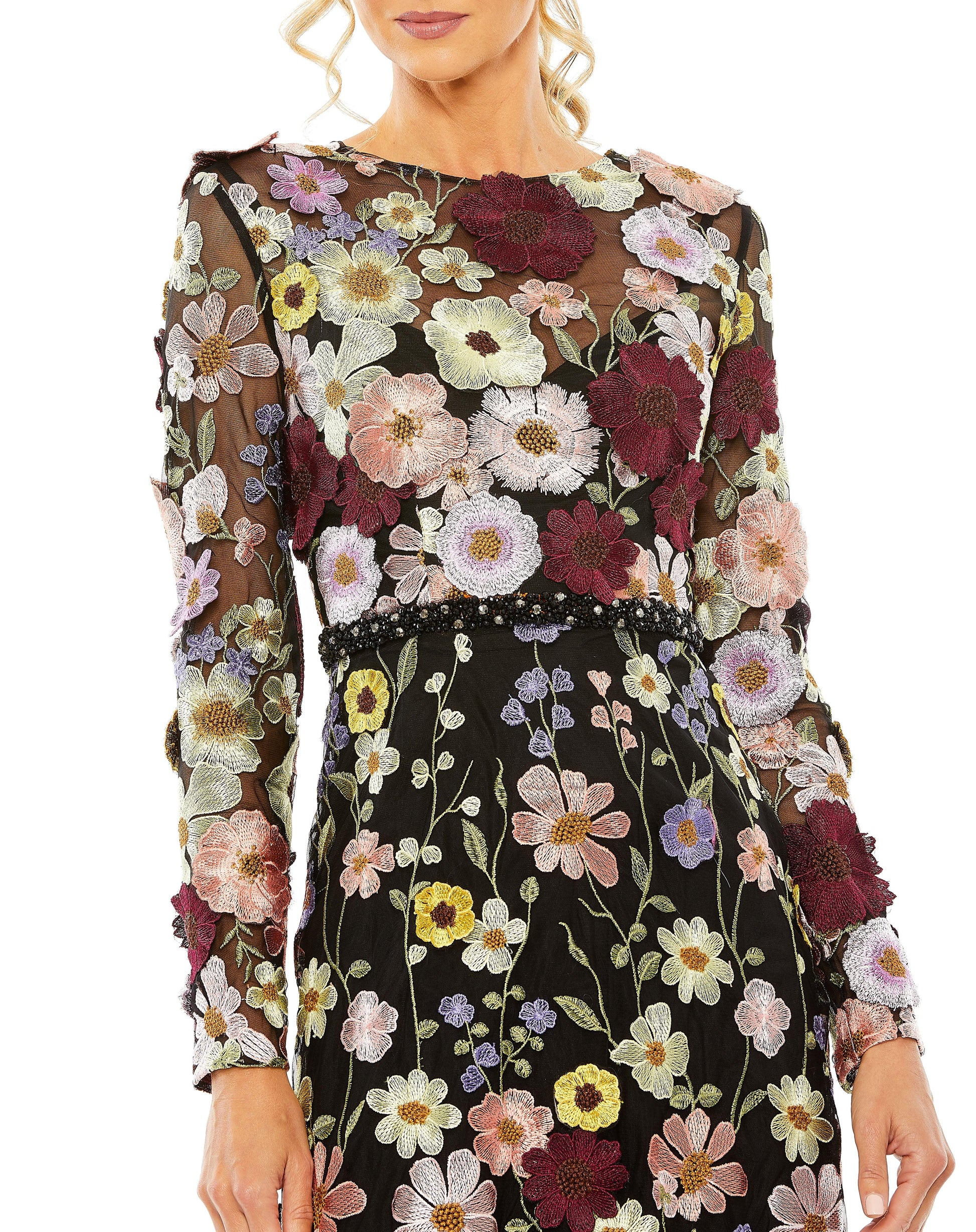 Mac Duggal 68462 Long Sleeve Floral Tea Length Dress
