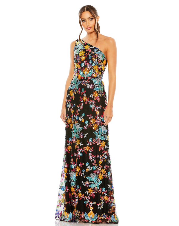 Long One Shoulder Floral Prom Gown One Shoulder & Floral Detail Mac Duggal 68515