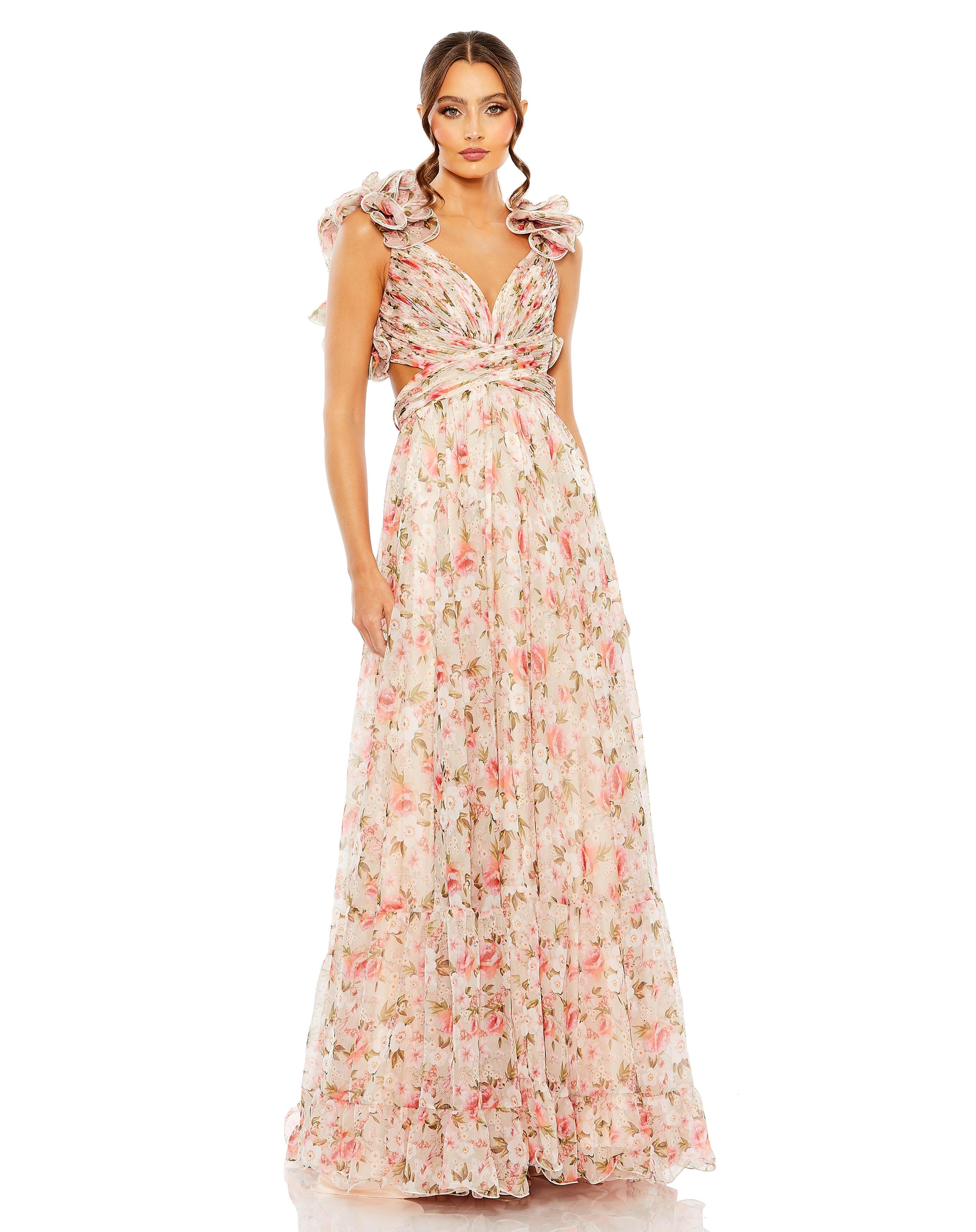 Long Formal Chiffon Floral Dress Chiffon Fabric & Floral Detail Mac Du – The Dress Outlet