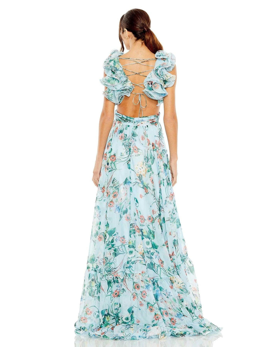 Blue Multi Mac Duggal 68521 Long Cap Sleeve Floral Chiffon Formal Dress ...