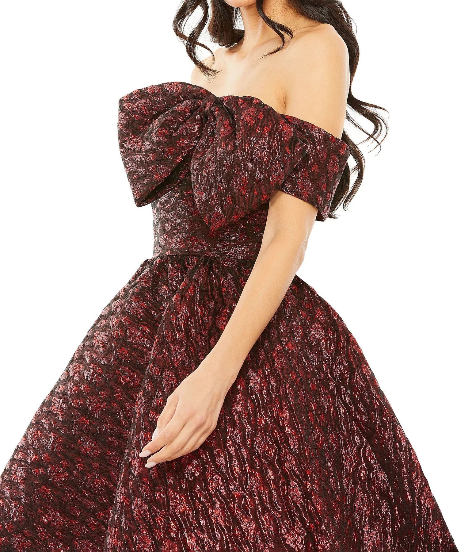 Mac Duggal 68622 Brocade Off Shoulder Bow Detail Short Dress