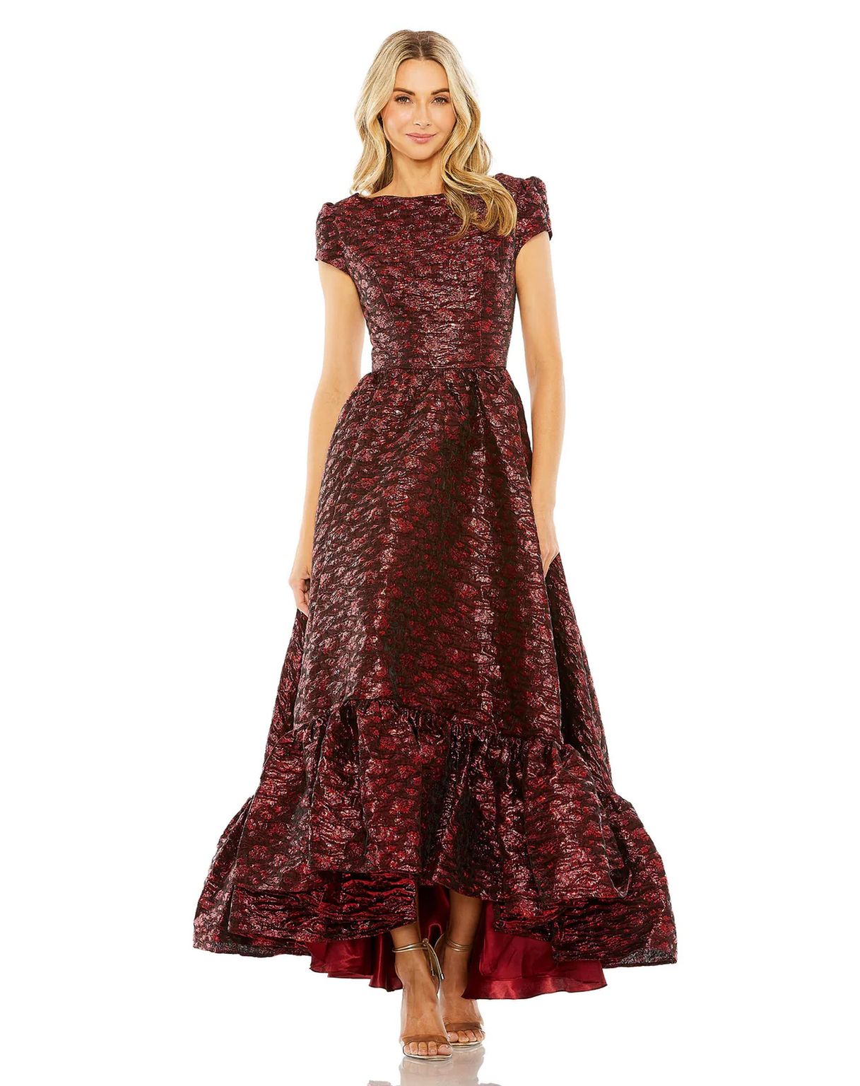 High Low Short Sleeve Brocade Formal Dress High Low Hem & Brocade Fabr The Dress Outlet High Low Short Sleeve Brocade Formal Dress High Low Hem & Brocade Fabr The Dress Outlet