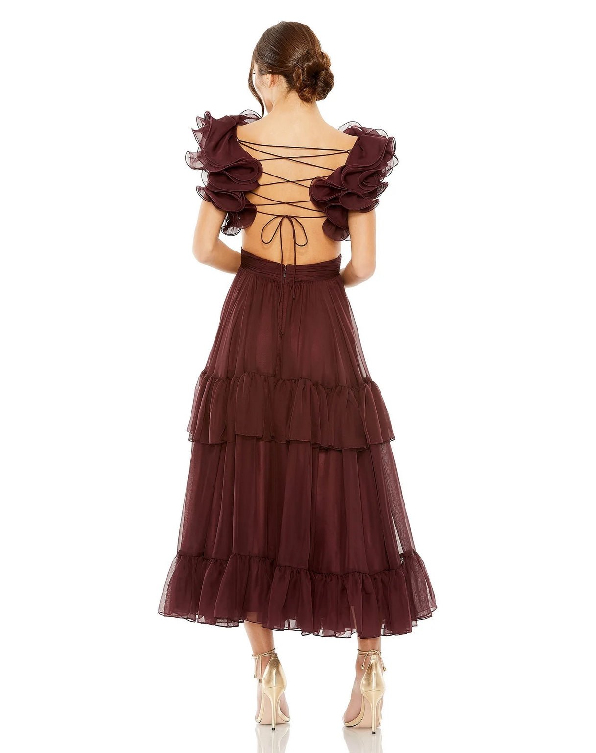 【Mac Duggal】ラッフルティアードエンブレスドフラッター Purple Ruffled Mock Neck Flutter Sleeve High Low Hem Gown