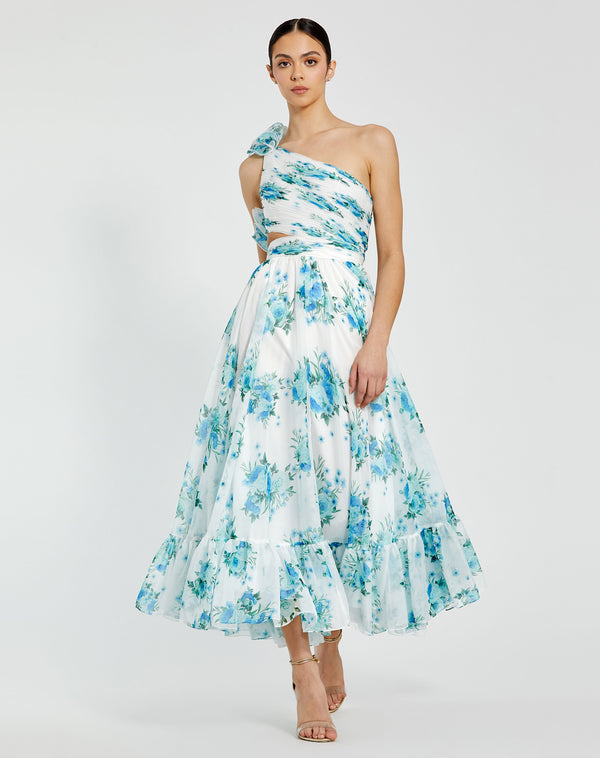 Midi Length Floral Print Cocktail Dress Floral Print Cocktail Mac Duggal 68655