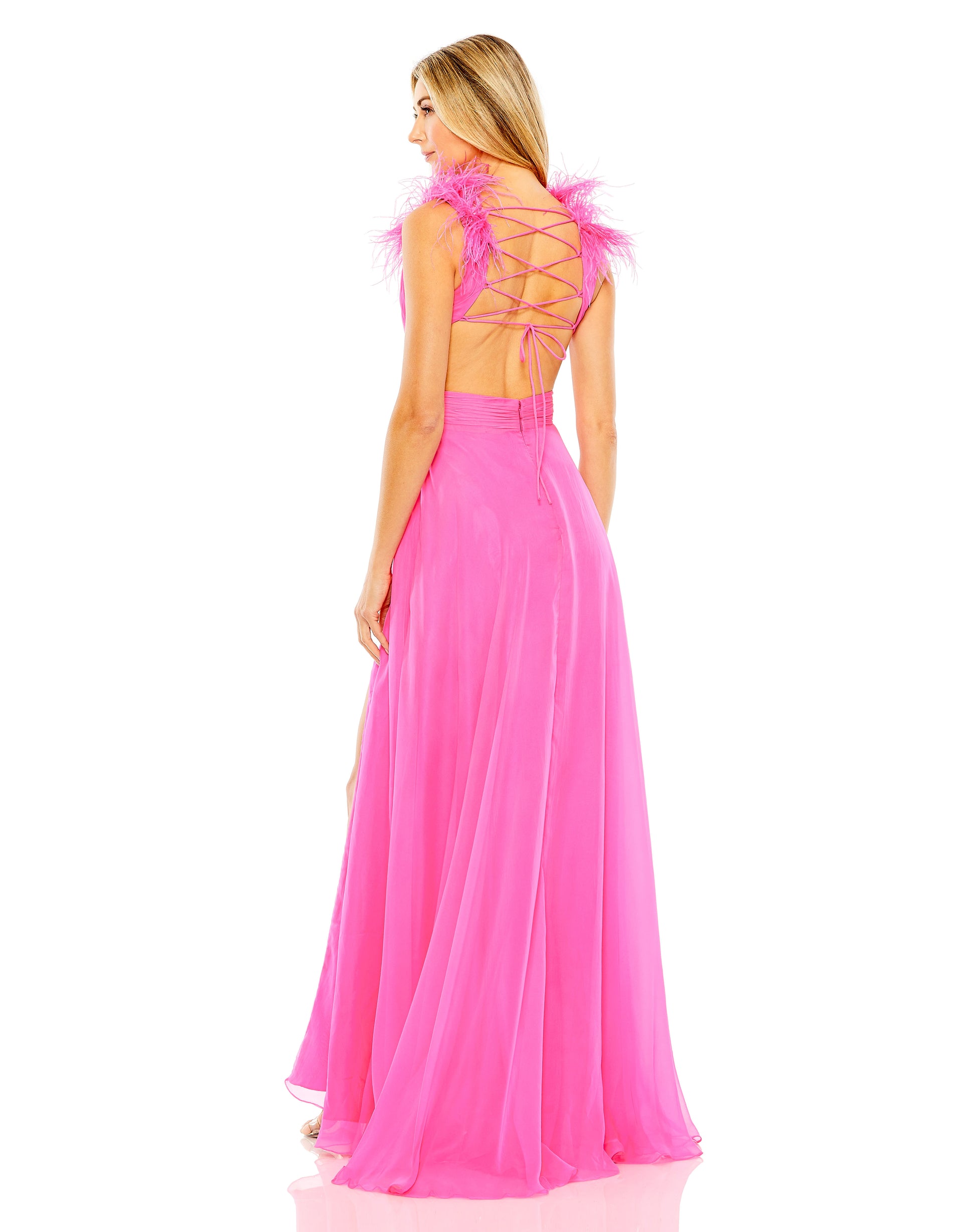 Mac Duggal 68680 Long A Line Formal Feathered Slit Prom Dress