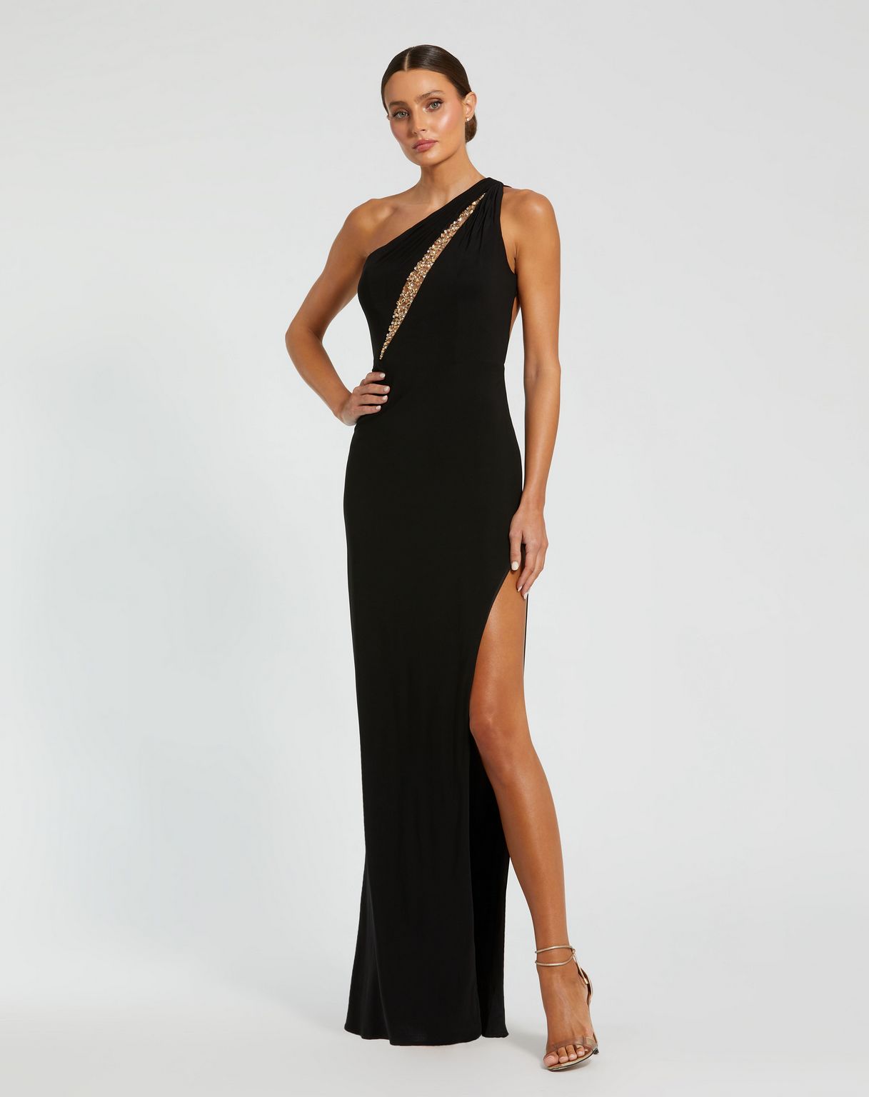 Mac Duggal - Black One Shoulder Gown with Sheer Embellished Cut Out - Black / M Mac Duggal - Black One Shoulder Gown with Sheer Embellished Cut Out - Black / M