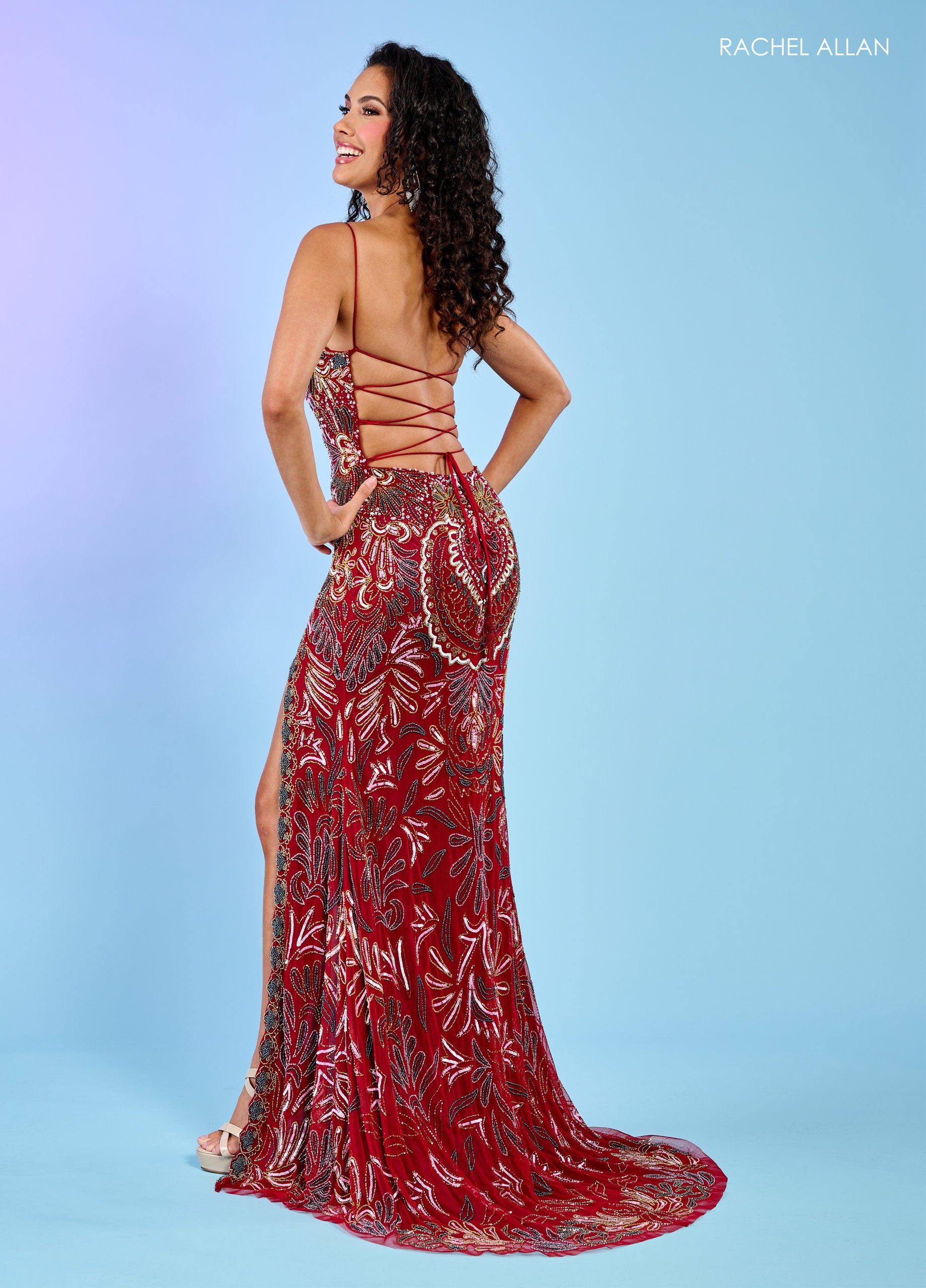Burgundy Rachel Allan 70002 Fitted Long Prom Dress
