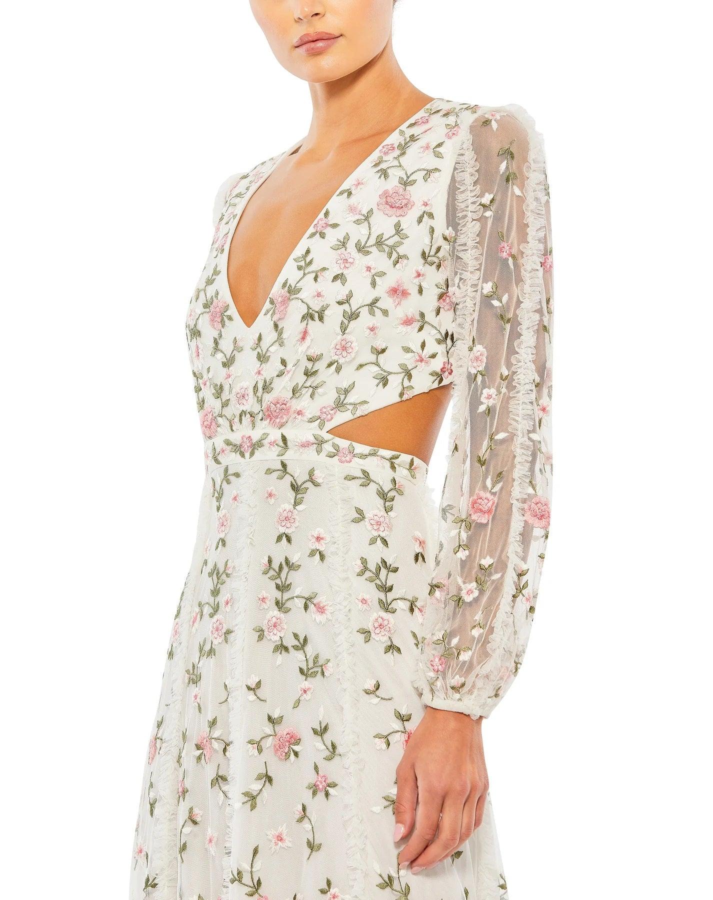 Formal Dresses Long Sleeve Floral Formal Dress Ivory Multi