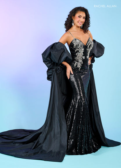  Detachable Sleeves Long Sequins Prom Dress Black