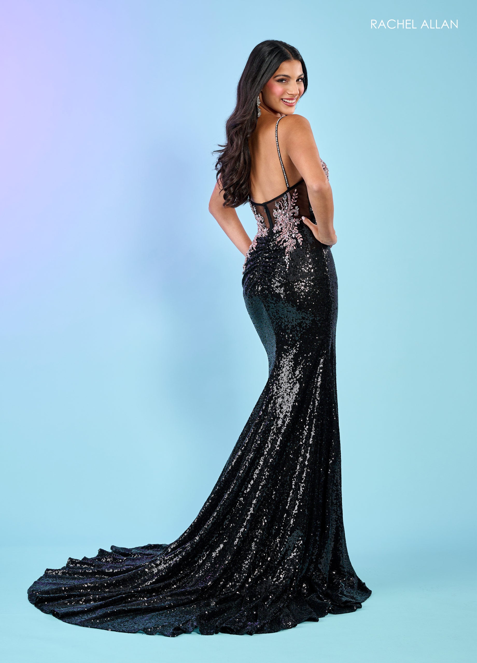  Detachable Sleeves Long Sequins Prom Dress Black Pink