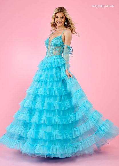 Prom Dresses Long Formal Beaded Detachable Sleeve Prom Dress Turquoise