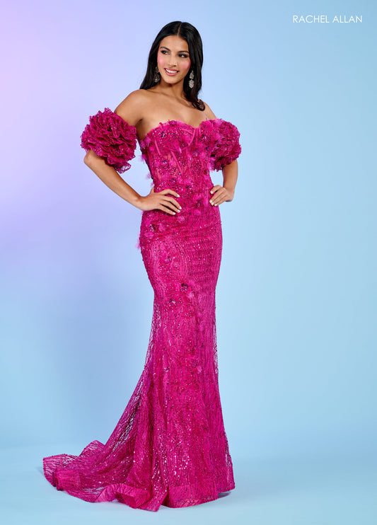 Prom Dresses Detachable Sleeve Prom Glitter Long Formal Dress Fuchsia