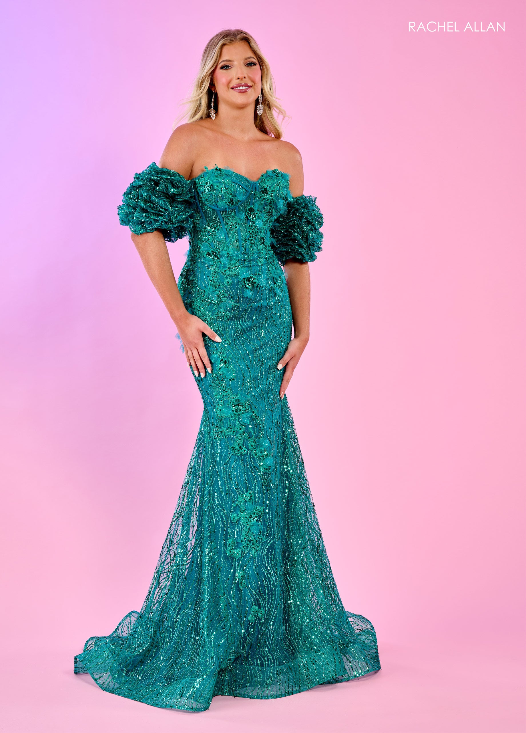 Prom Dresses Detachable Sleeve Prom Glitter Long Formal Dress Jade