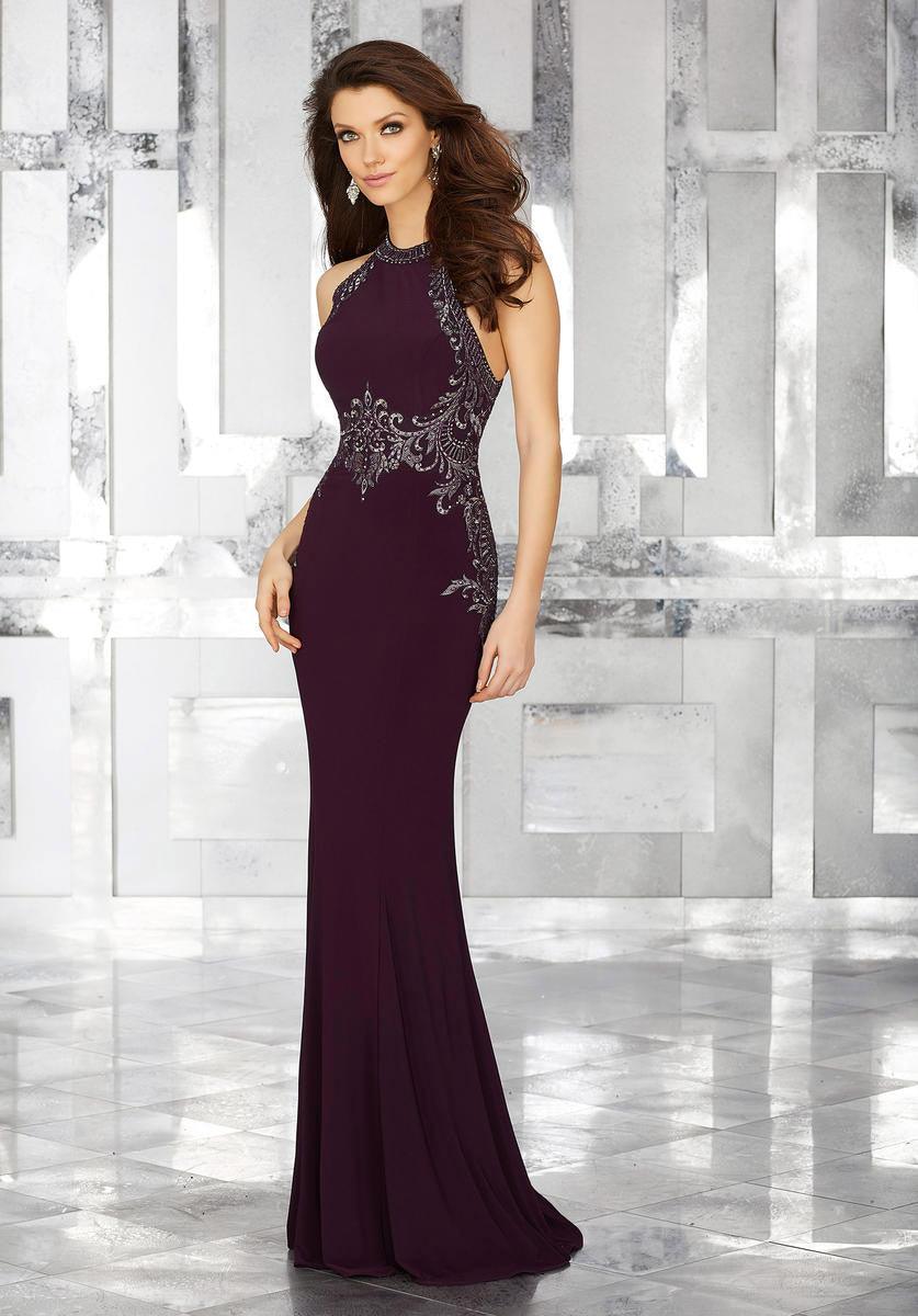 MGNY Madeline Gardner New York 71625 Long Halter Fitted Evening Gown Plum