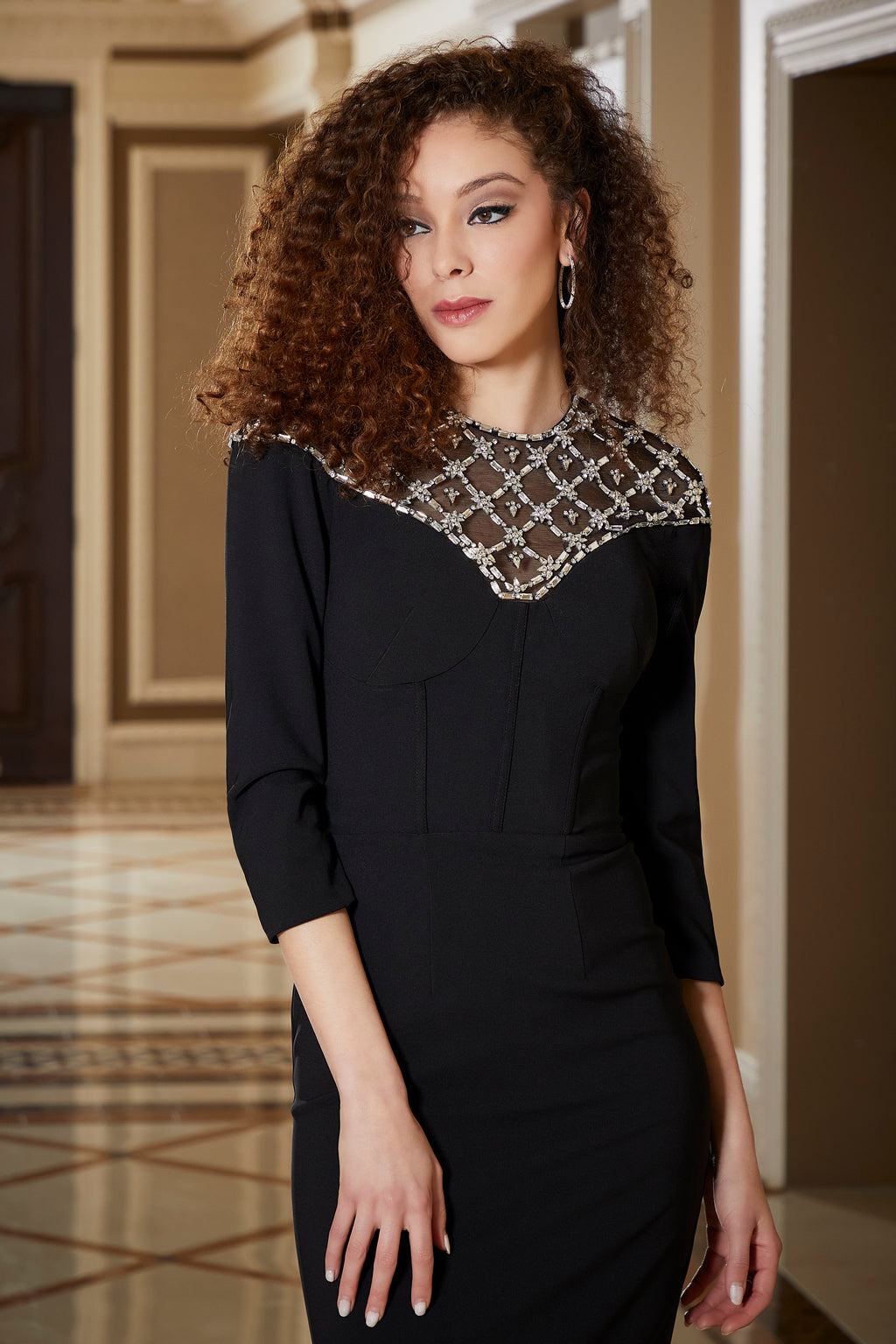 MGNY Madeline Gardner New York 72803 Long Sleeve Formal Beaded Dress