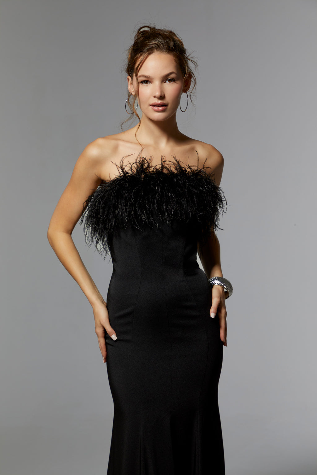 Black MGNY Madeline Gardner New York 72923 Long Formal Feathered Dress