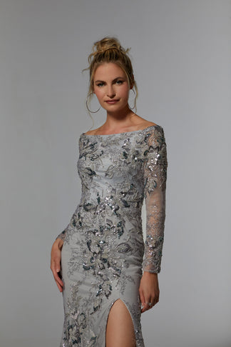 Silver MGNY Madeline Gardner New York 72938 Long Sleeve Formal Evening Gown for $549.0 – The ...