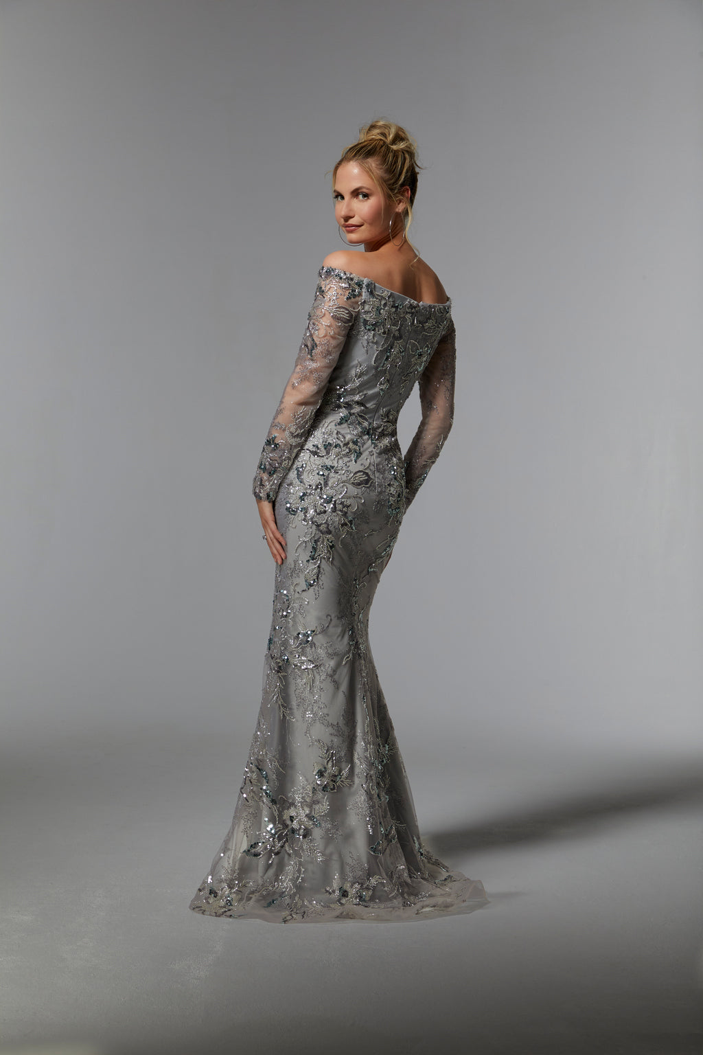 Mother of the Bride Dresses Long Sleeve Formal Evening Gown Silver