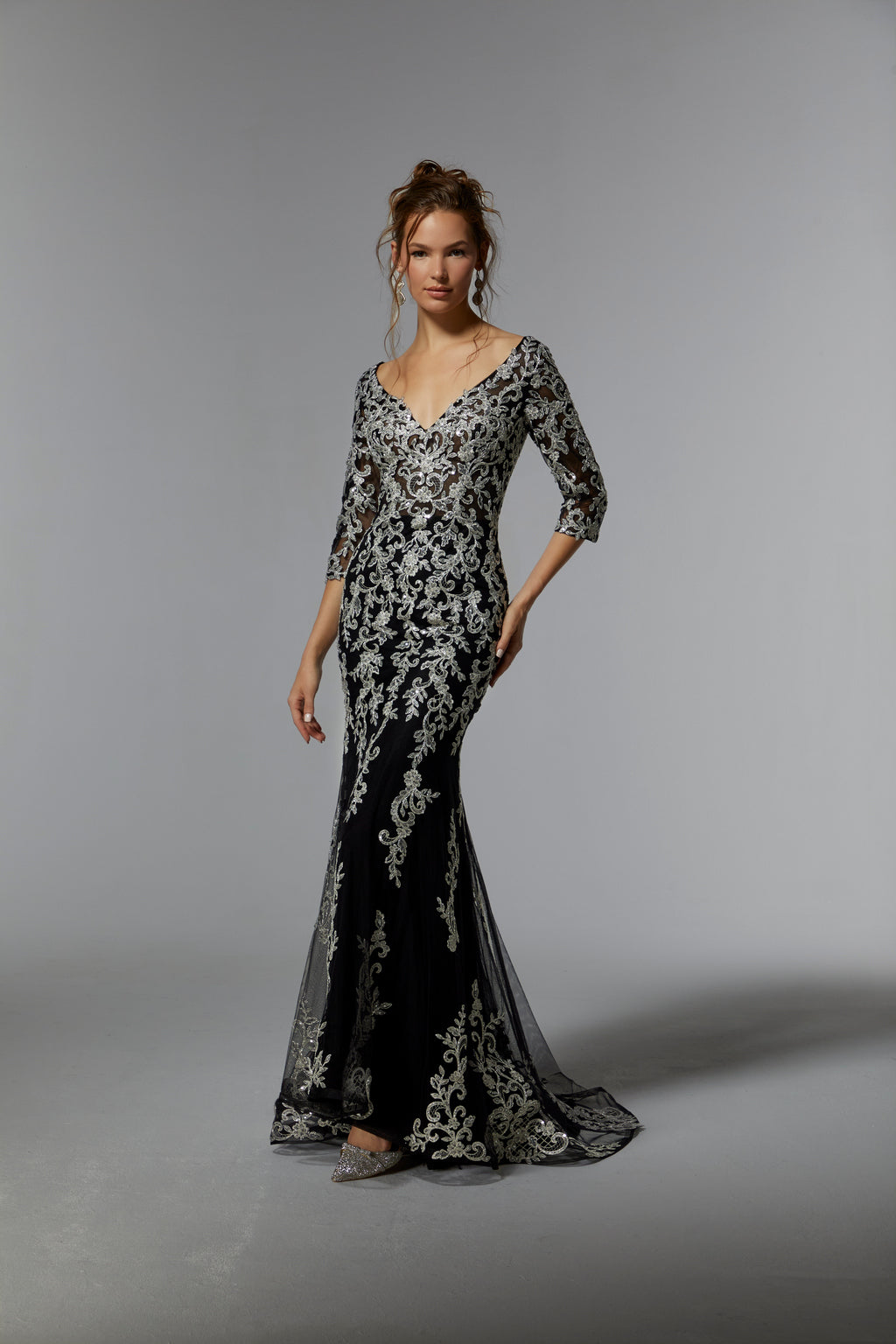 Black/Silver MGNY Madeline Gardner New York 72940 Long Formal Mother of